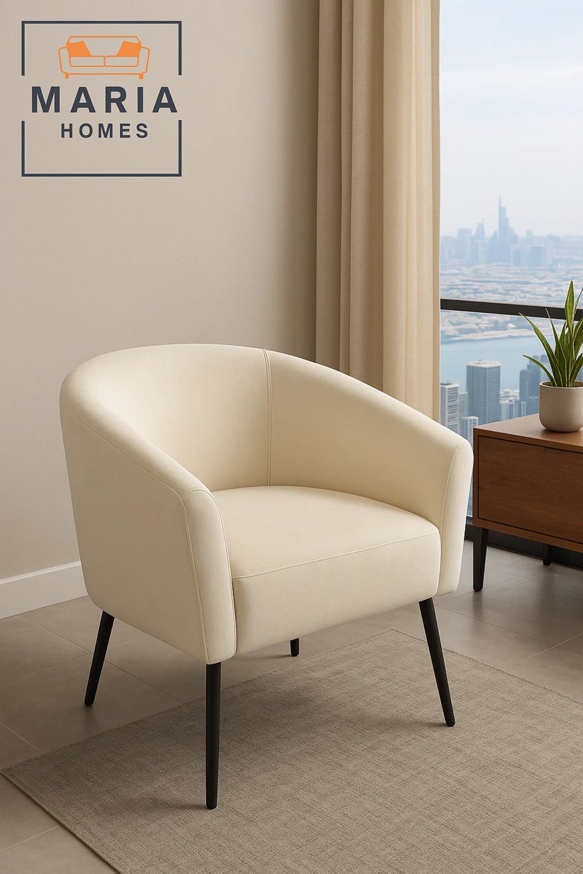 Ivory Curved Arm Lounge Chair Ð Modern Upholstered Accent Chair with Black Legs for Home or Office