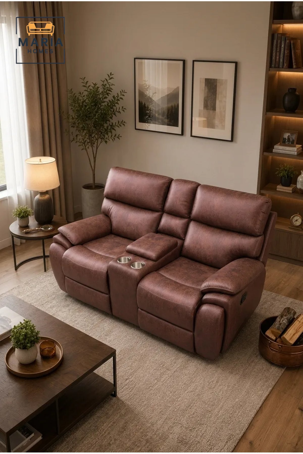 Luxury Reclining Loveseat Sofa with Center Console, Cup Holders and Plush Cushions