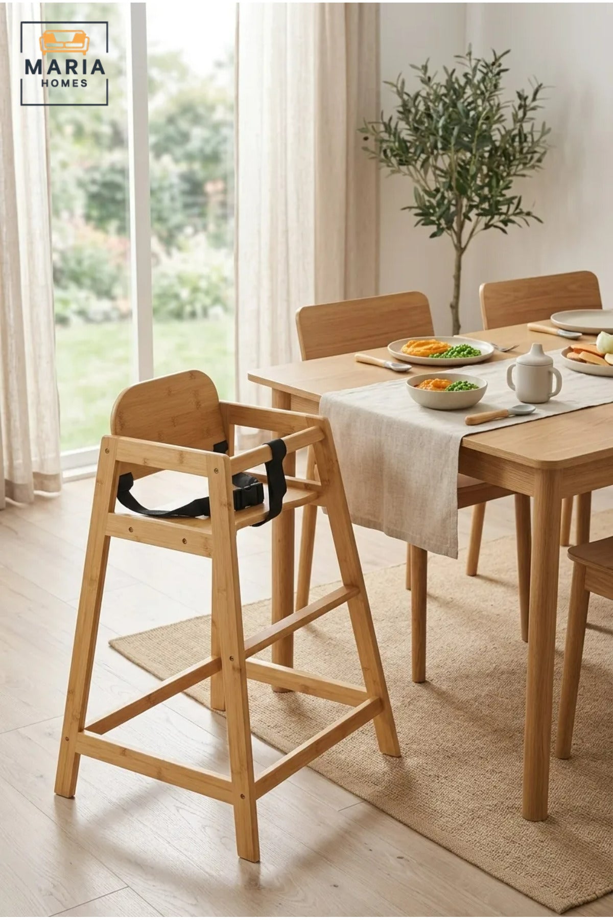 Wooden Baby High Chair | Natural Wood Feeding Chair with Safety Harness | Modern Toddler Dining Chair | Sturdy Kids High Chair for Home