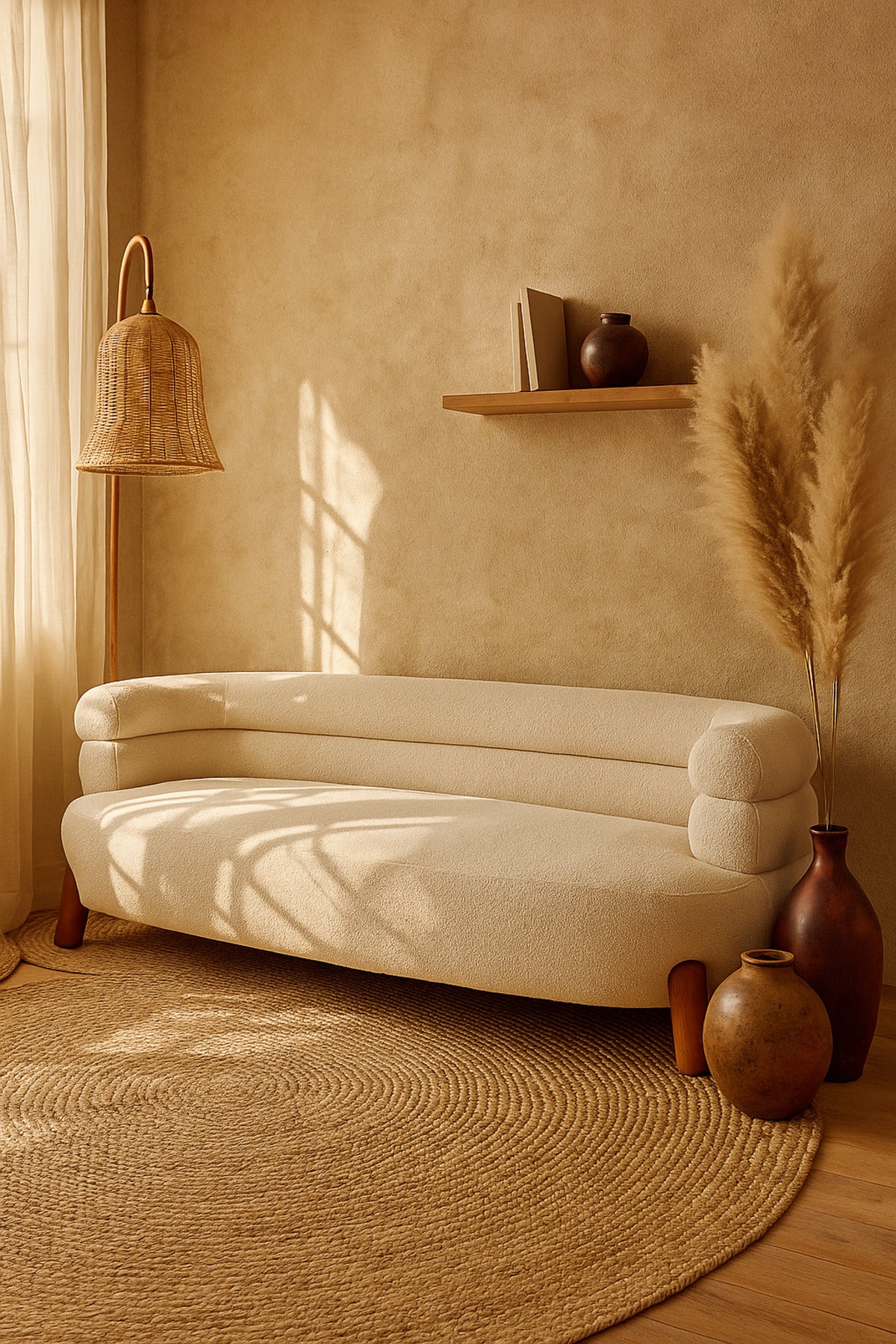Modern Cream Bubble Sofa Ð Contemporary Fabric Couch with Rounded Backrest & Wooden Legs