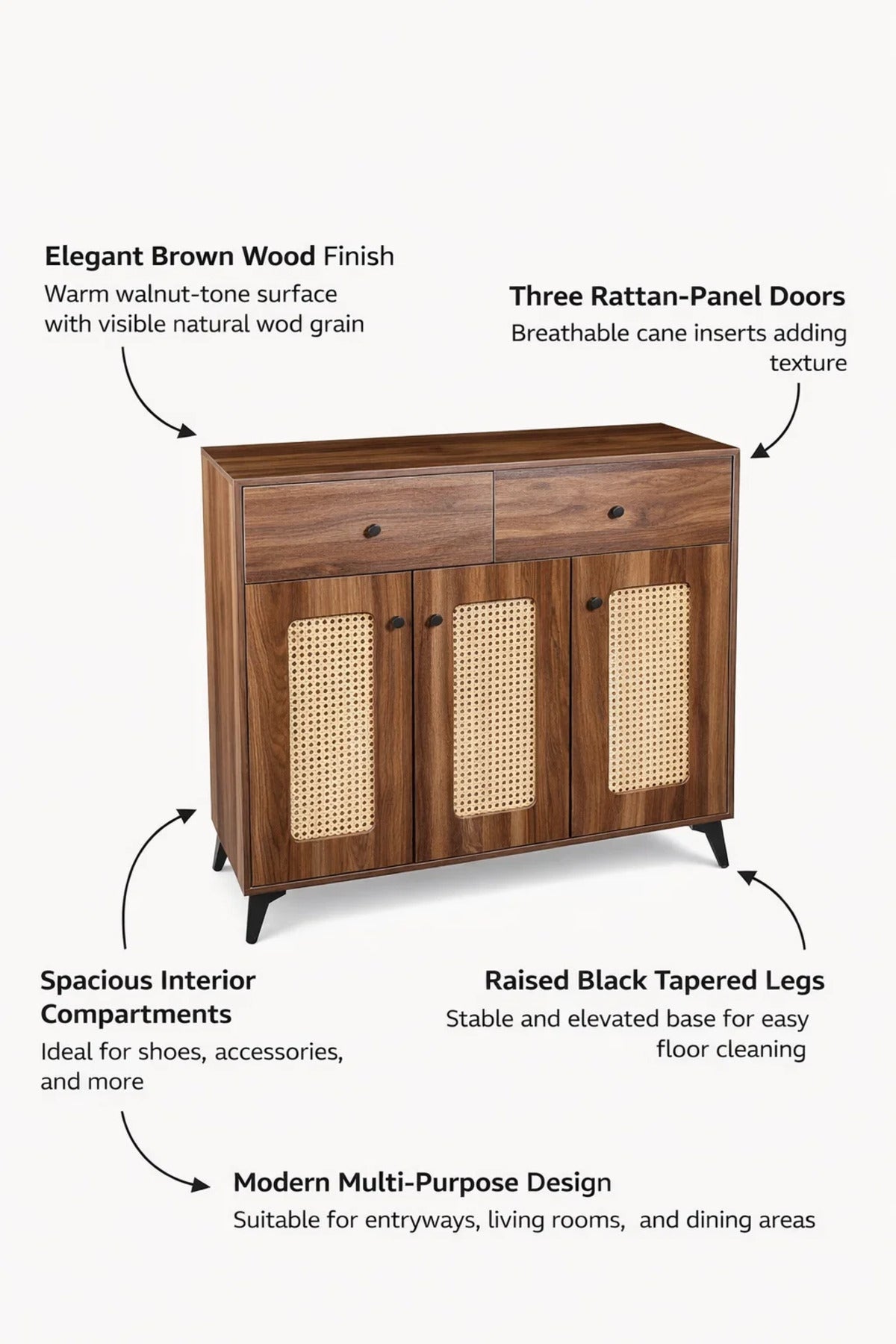 Wooden Shoe Cabinet Storage Organizer with Rattan Doors and Drawers for Modern Home Entrance