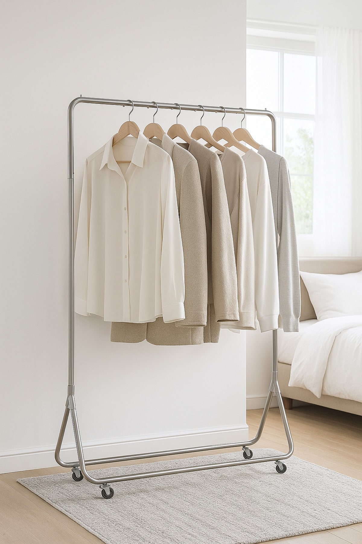 Modern Silver Metal Clothes Rack with Wheels 170_120cm Heavy Duty Garment Stand for Home or Boutique