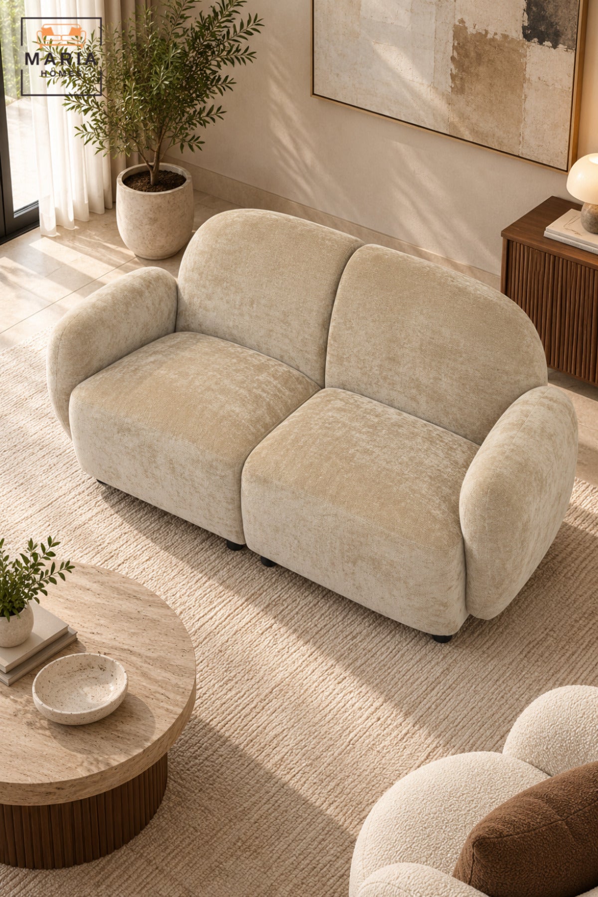 Modern 2 Seater Upholstered Loveseat Sofa with Rounded Backrest, Curved Armrests & Deep Cushioned Seats for Living Room, Bedroom and Lounge