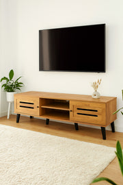 Light Brown Wooden TV Stand 180_40_44 cm Ð Modern TV Unit with Slot Design Doors and Open Shelves