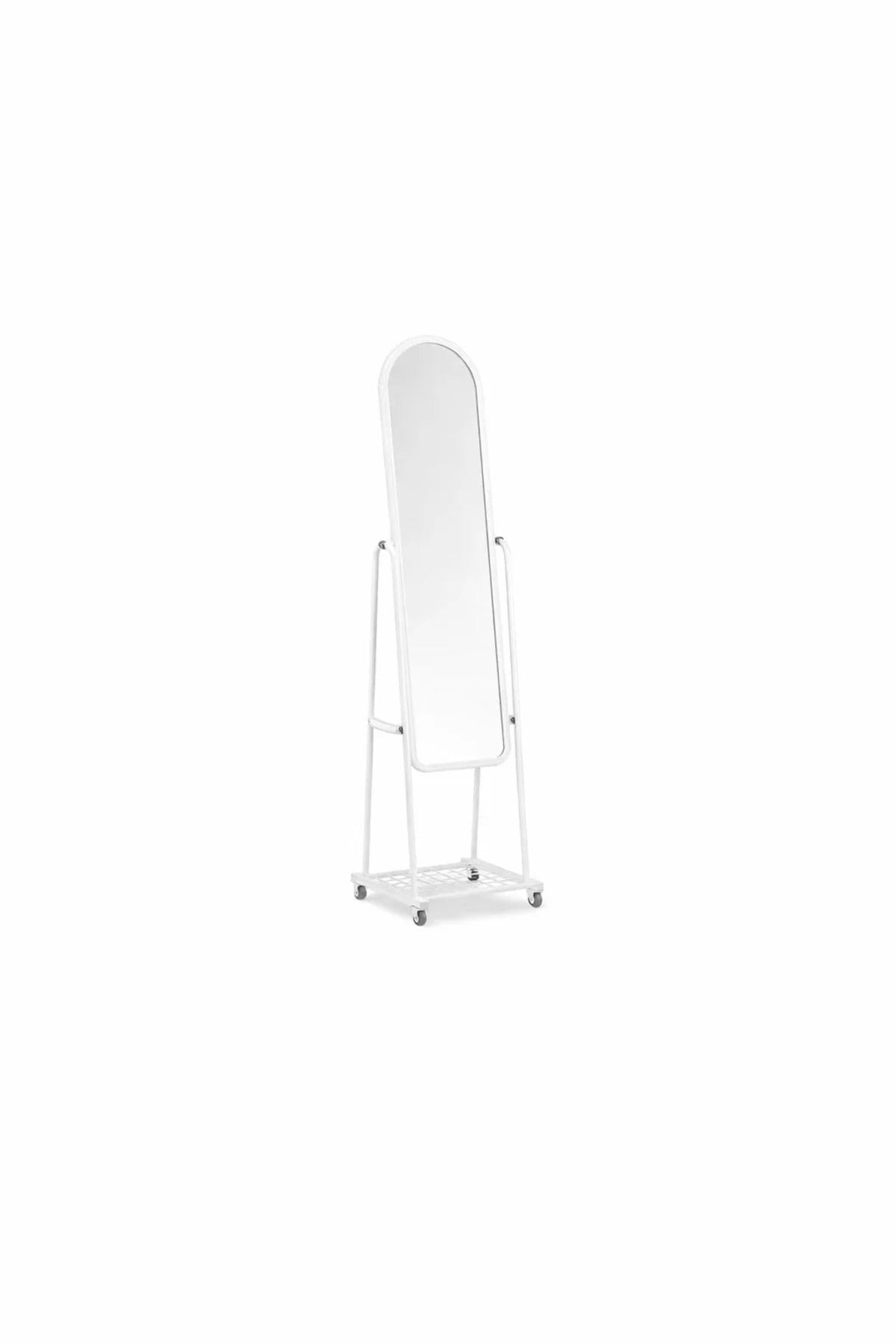 Modern White Standing Floor Mirror on Wheels Adjustable Angle with Storage Rack for Bedroom Home