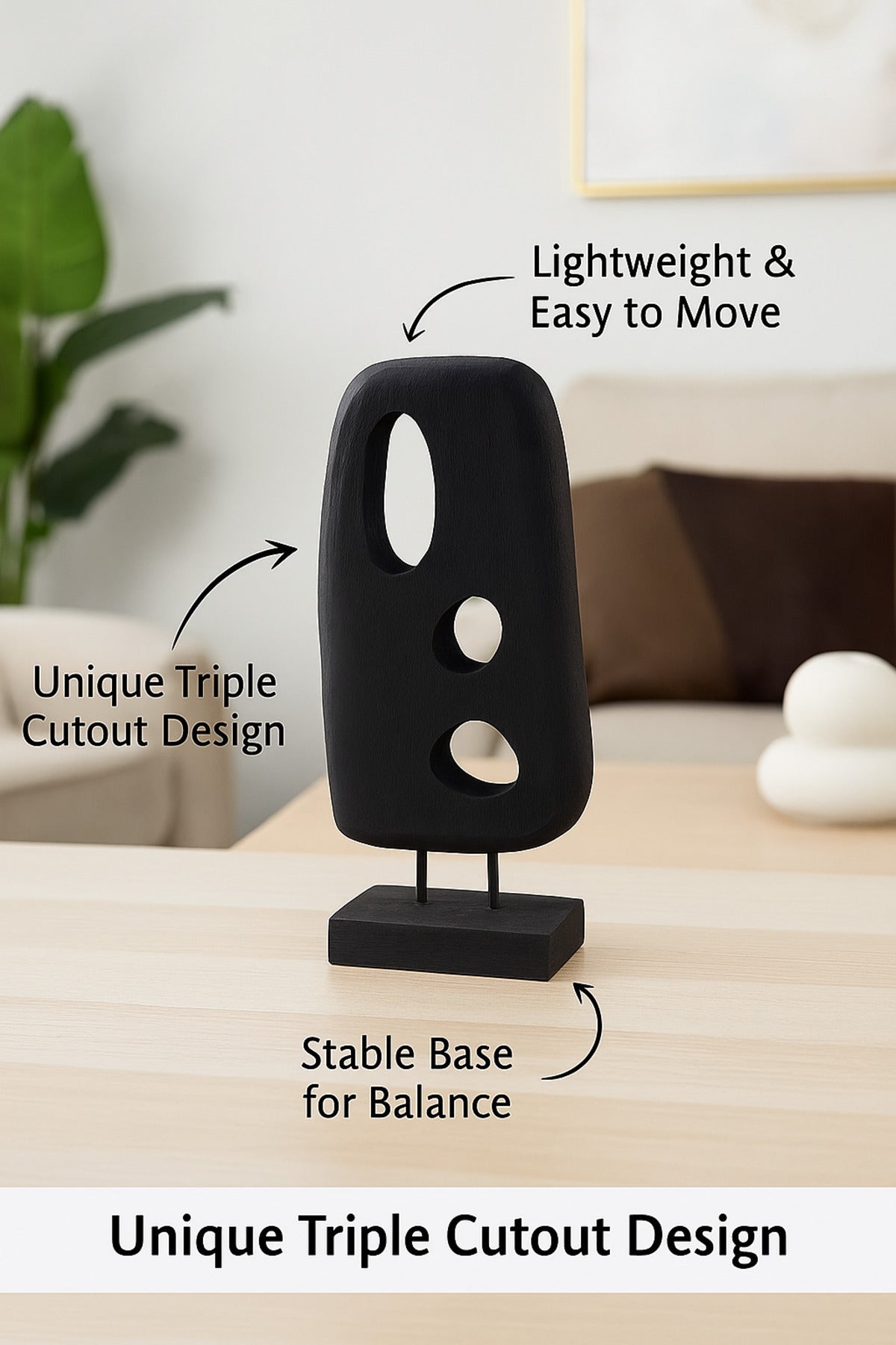 Black Wooden Abstract Cut-Out Sculpture on Stand Ð Modern Decorative Accent