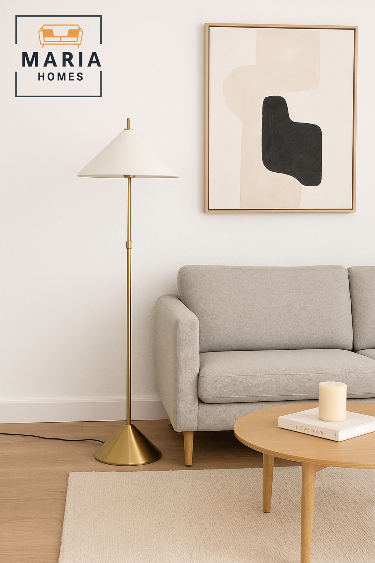 Modern Brass Floor Lamp with White Conical Shade Ð Minimalist Standing Light