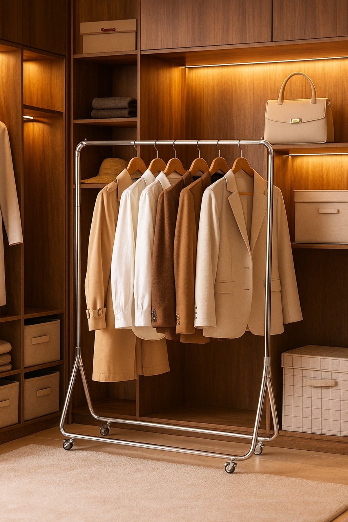Modern Silver Metal Clothes Rack with Wheels 170_120cm Heavy Duty Garment Stand for Home or Boutique