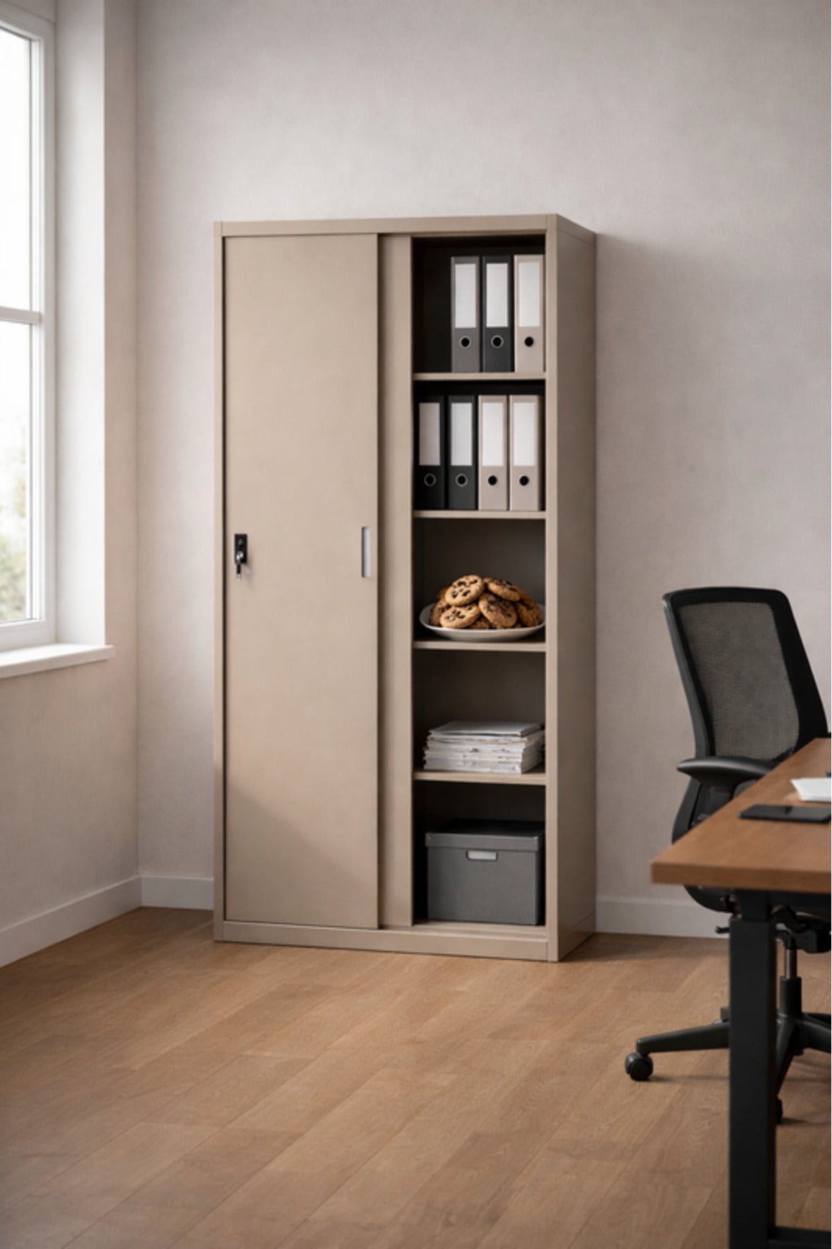 Beige Metal Storage Cabinet with Sliding Doors and Shelves 185_85_40 cm Office