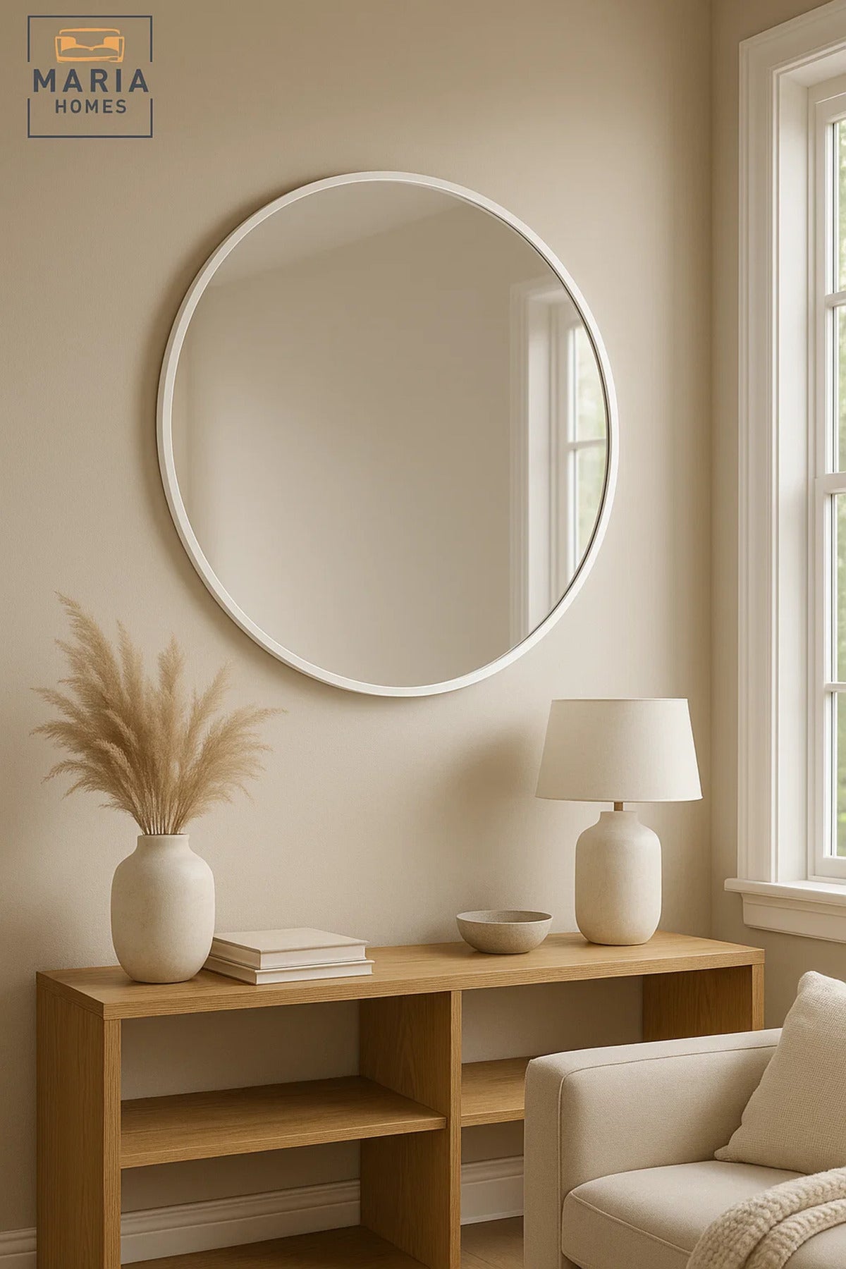 Round White Frame Wall Mirror for Bedroom, Bathroom, Vanity & Home D≈Ωcor 100x100 cm