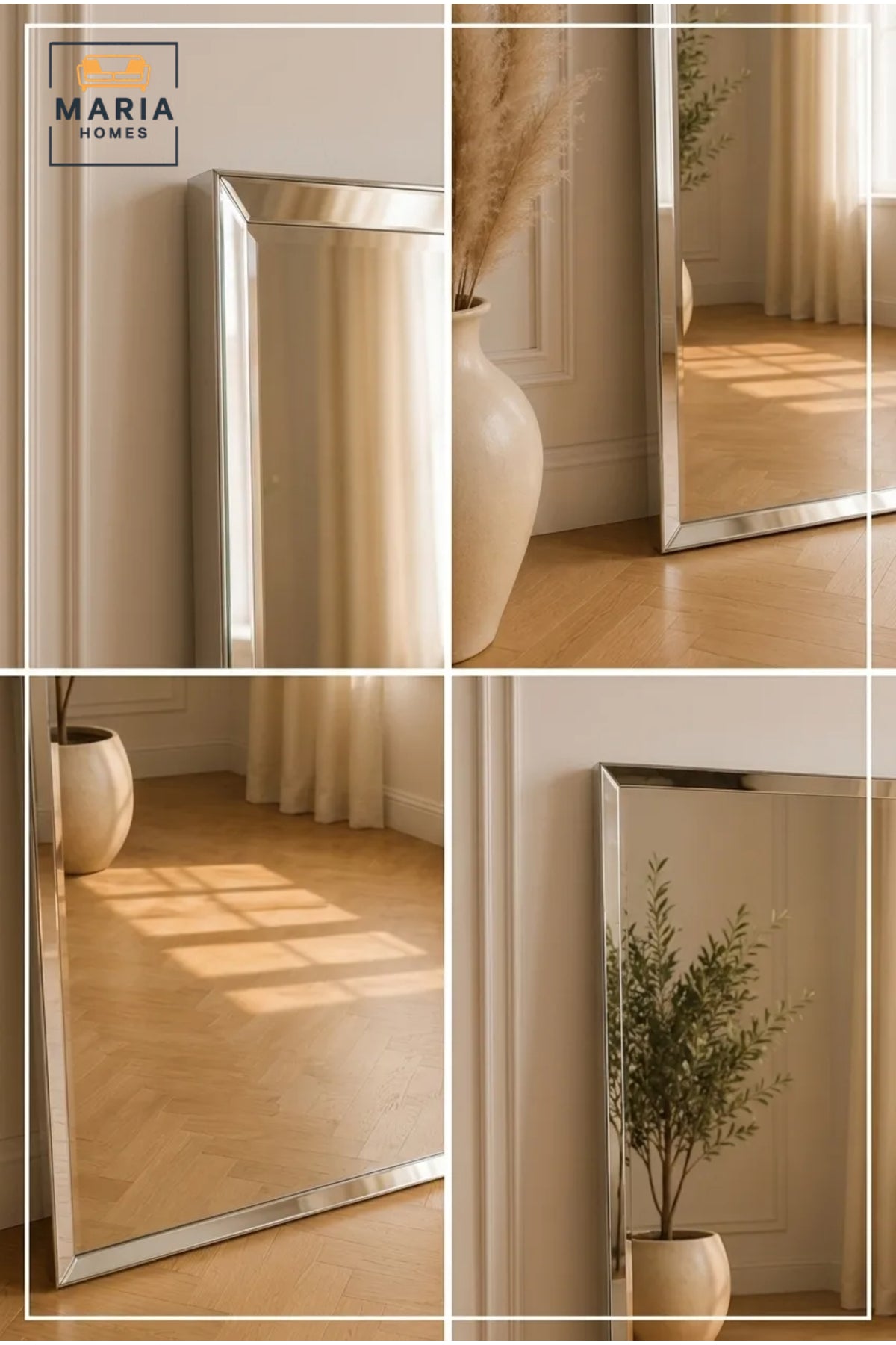 Large Rectangular Wall Mirror √ê Silver Stainless Steel Frame, Modern Design