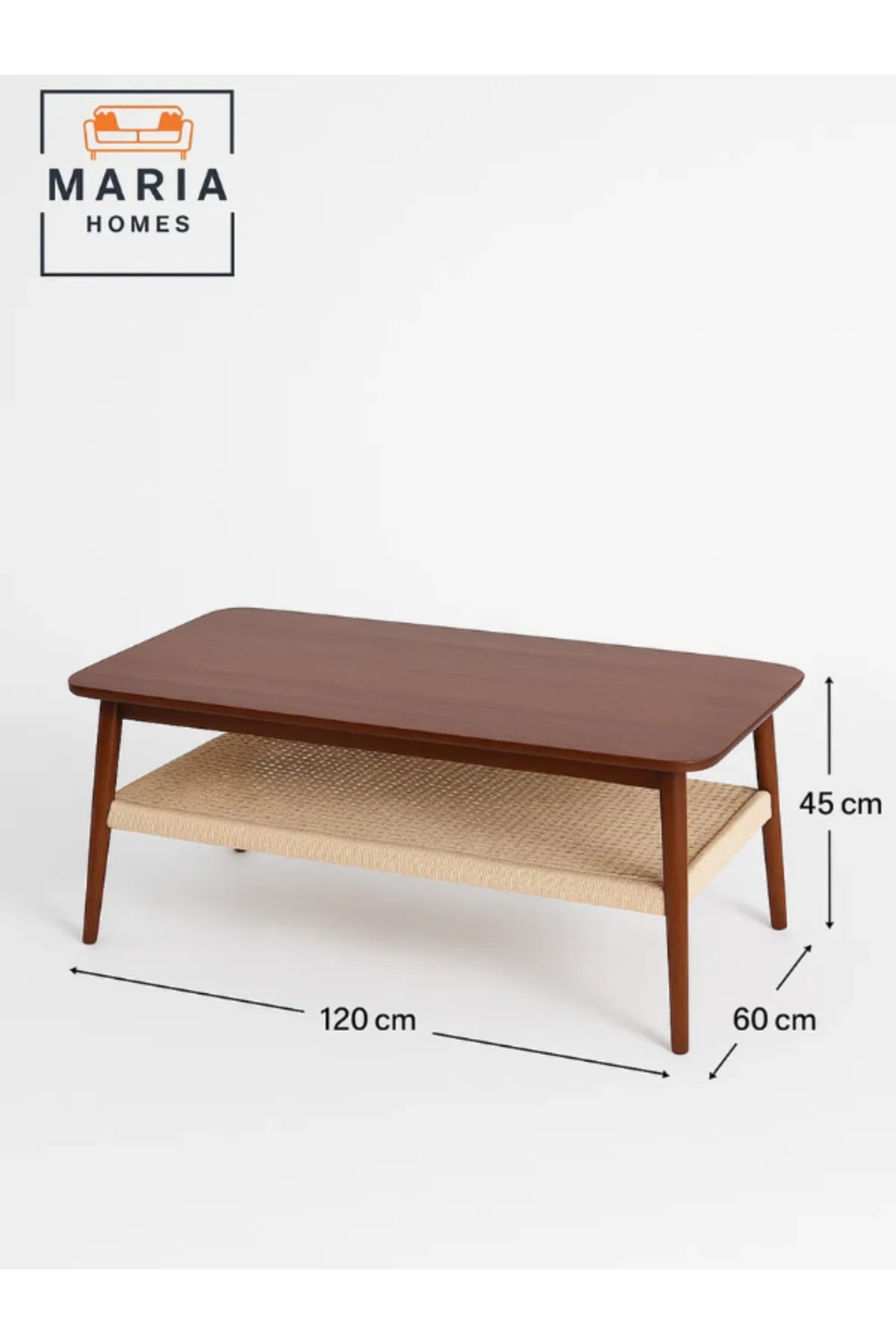 Modern Rectangular Center Table with Wooden Top and Woven Storage Shelf Ð Walnut Finish