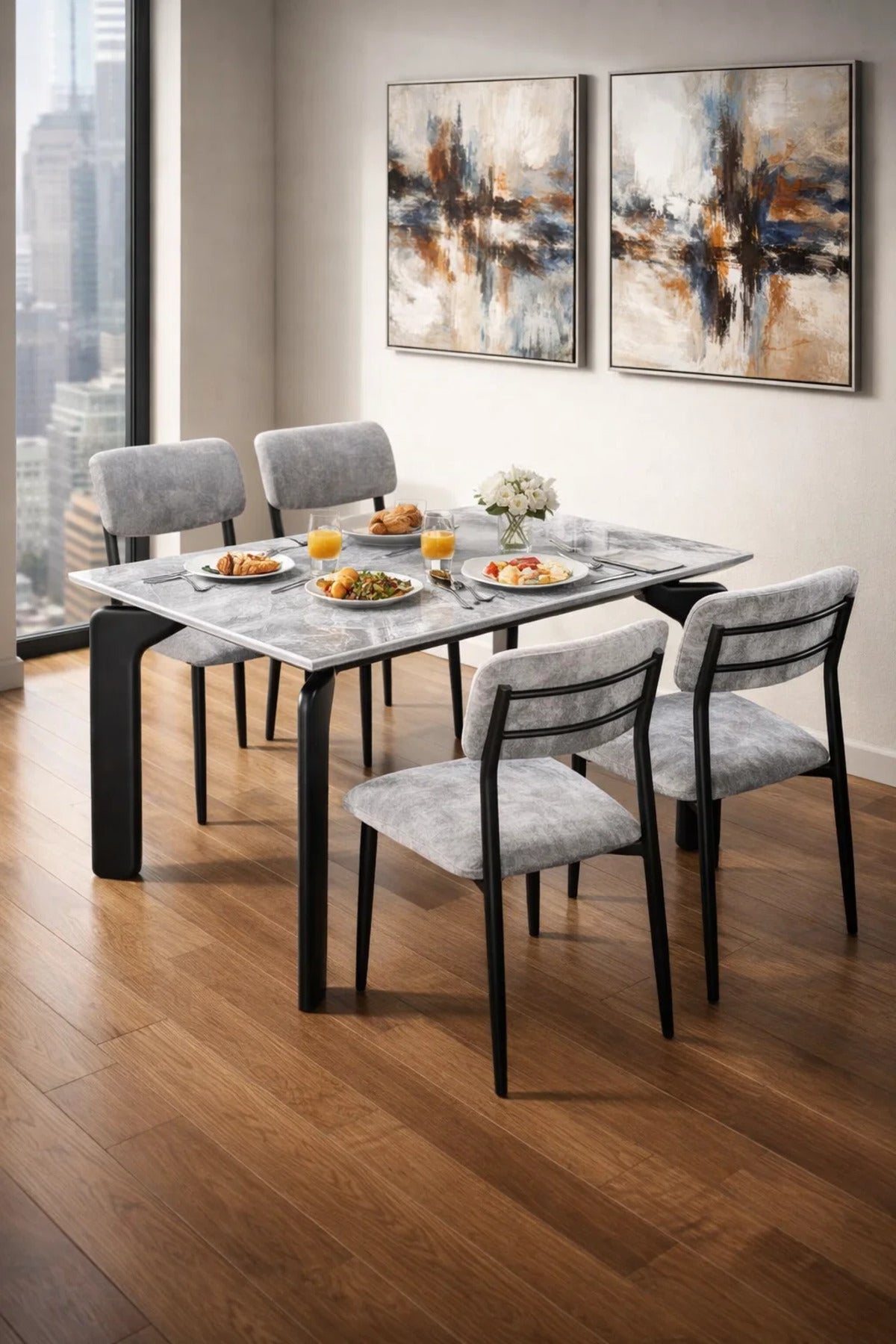 Modern Grey Dining Table Set with 4 Chairs 130 _ 80 _ 75 cm