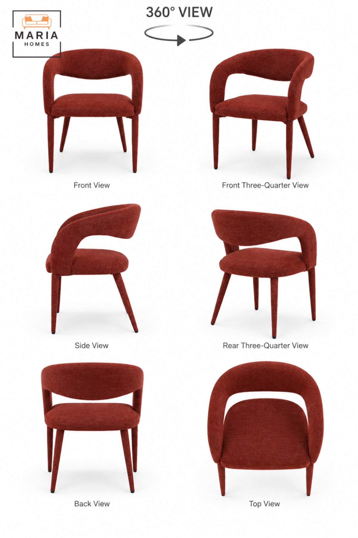 Modern Rust Orange Upholstered Dining Chair with Curved Open Backrest, Padded Seat and Contemporary Design for Dining Room, Kitchen, Café & Restaurant