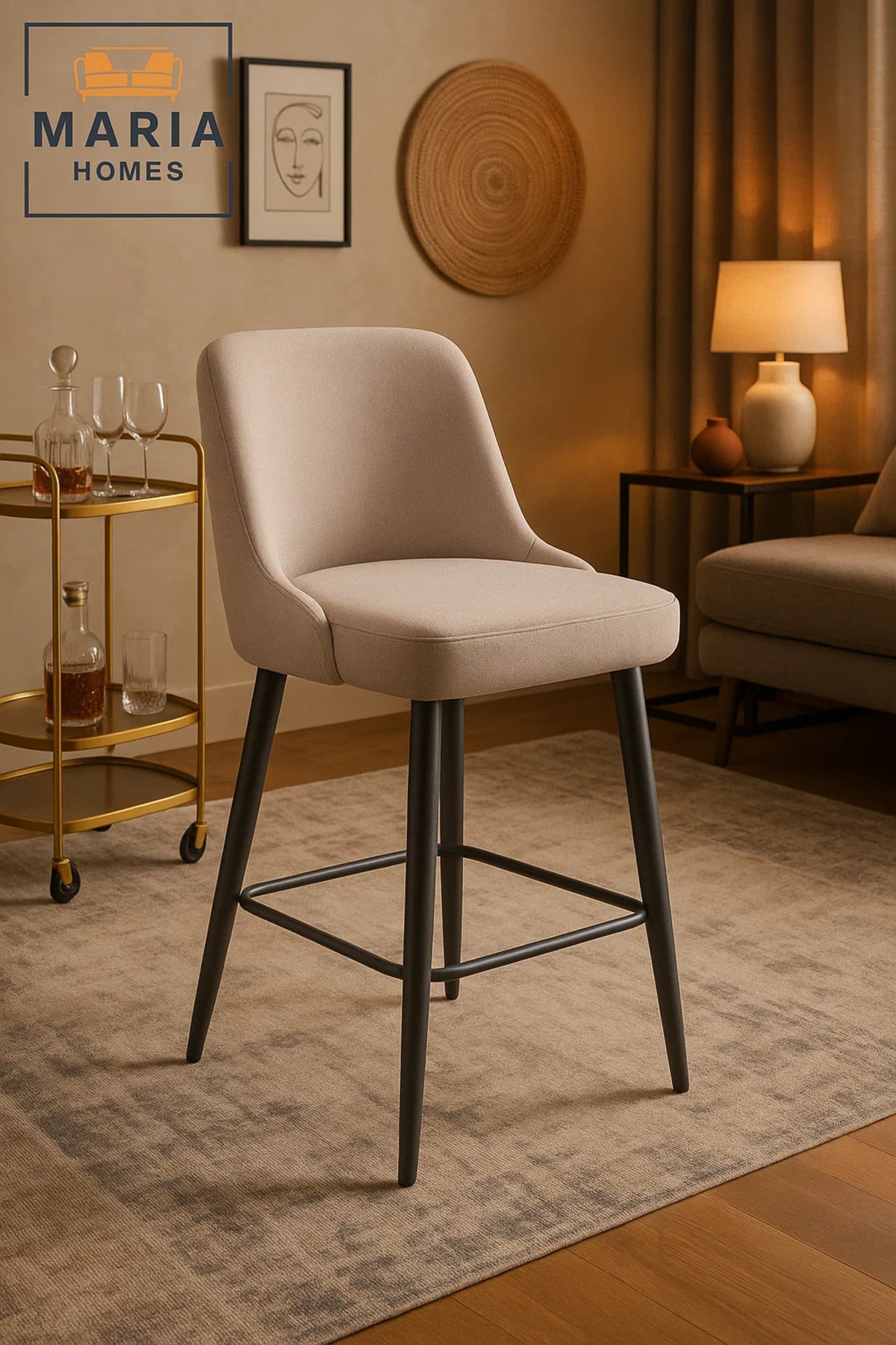 Modern Upholstered Bar Stool With Curved Backrest And Black Metal Legs Ð Soft Beige Fabric Finish