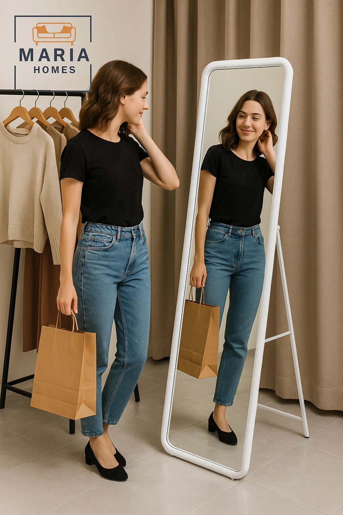 White Standing Full-Length Mirror with Rounded Frame Minimalist Design for Bedroom or Dressing Room