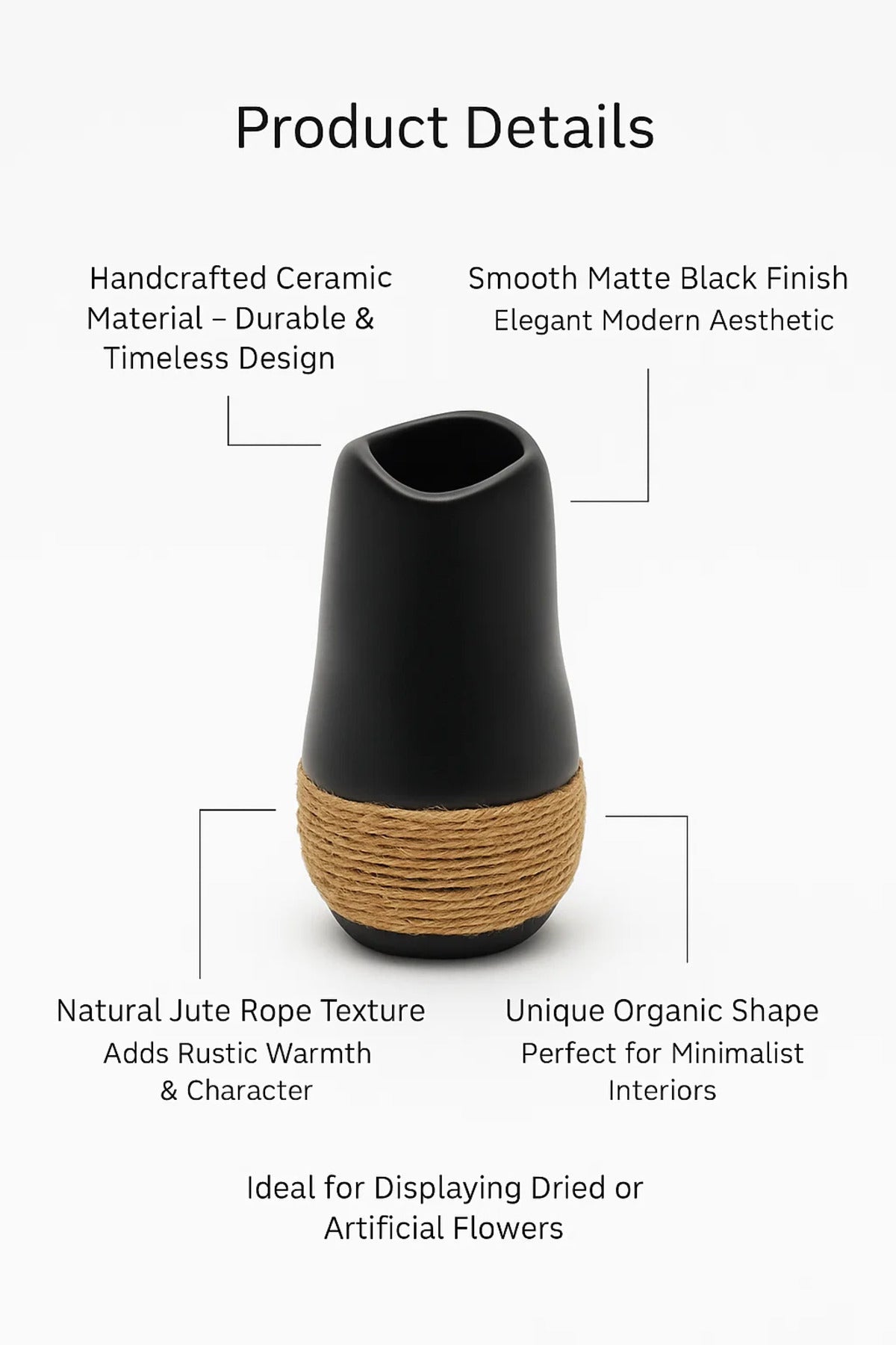 Black Ceramic Tall Vase Ð Modern Decorative Rope Design Flower Pot for Home DŽcor