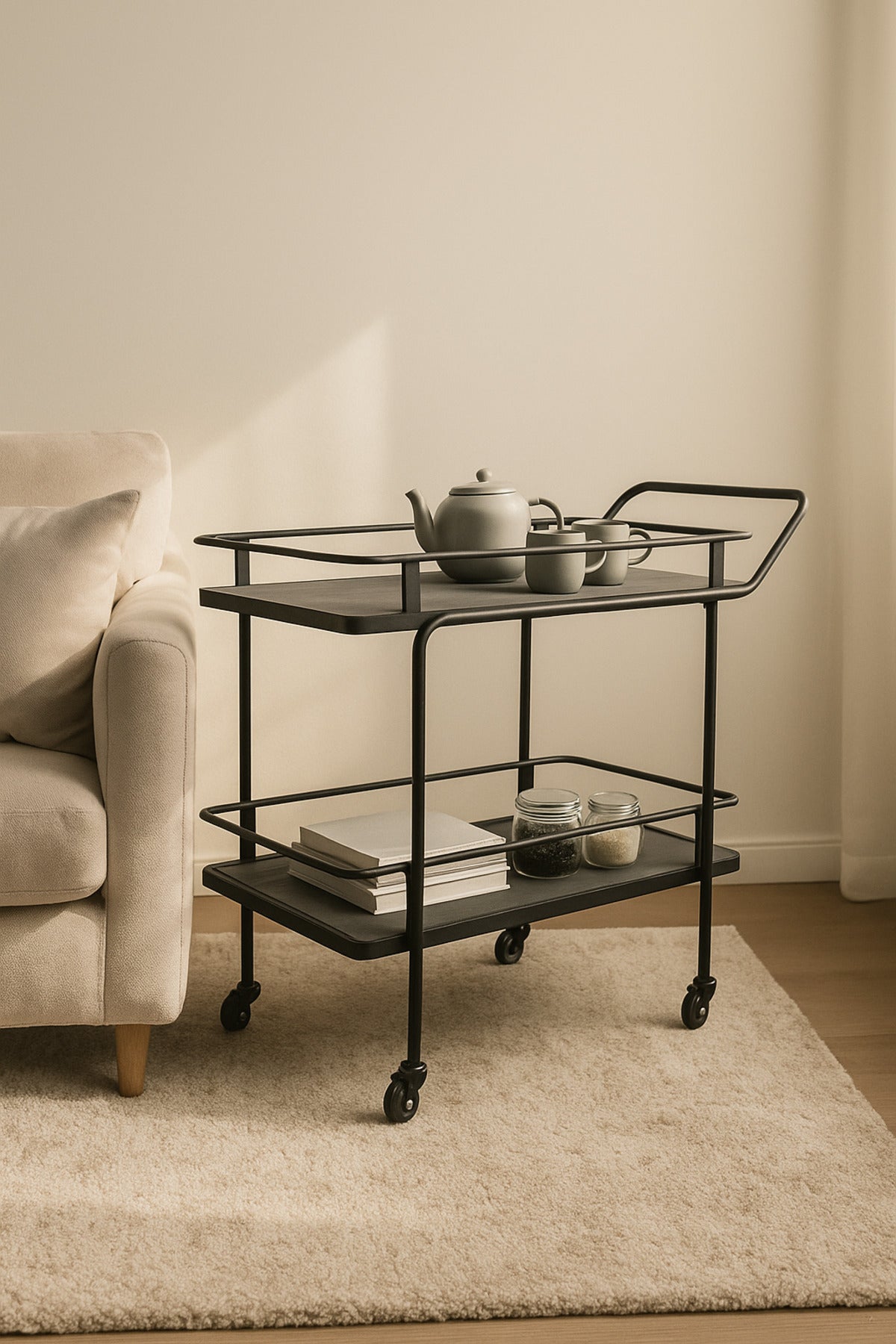 Industrial Gray Metal Serving Trolley with Wheels Ð 2-Tier Bar Cart 83_40_80 cm