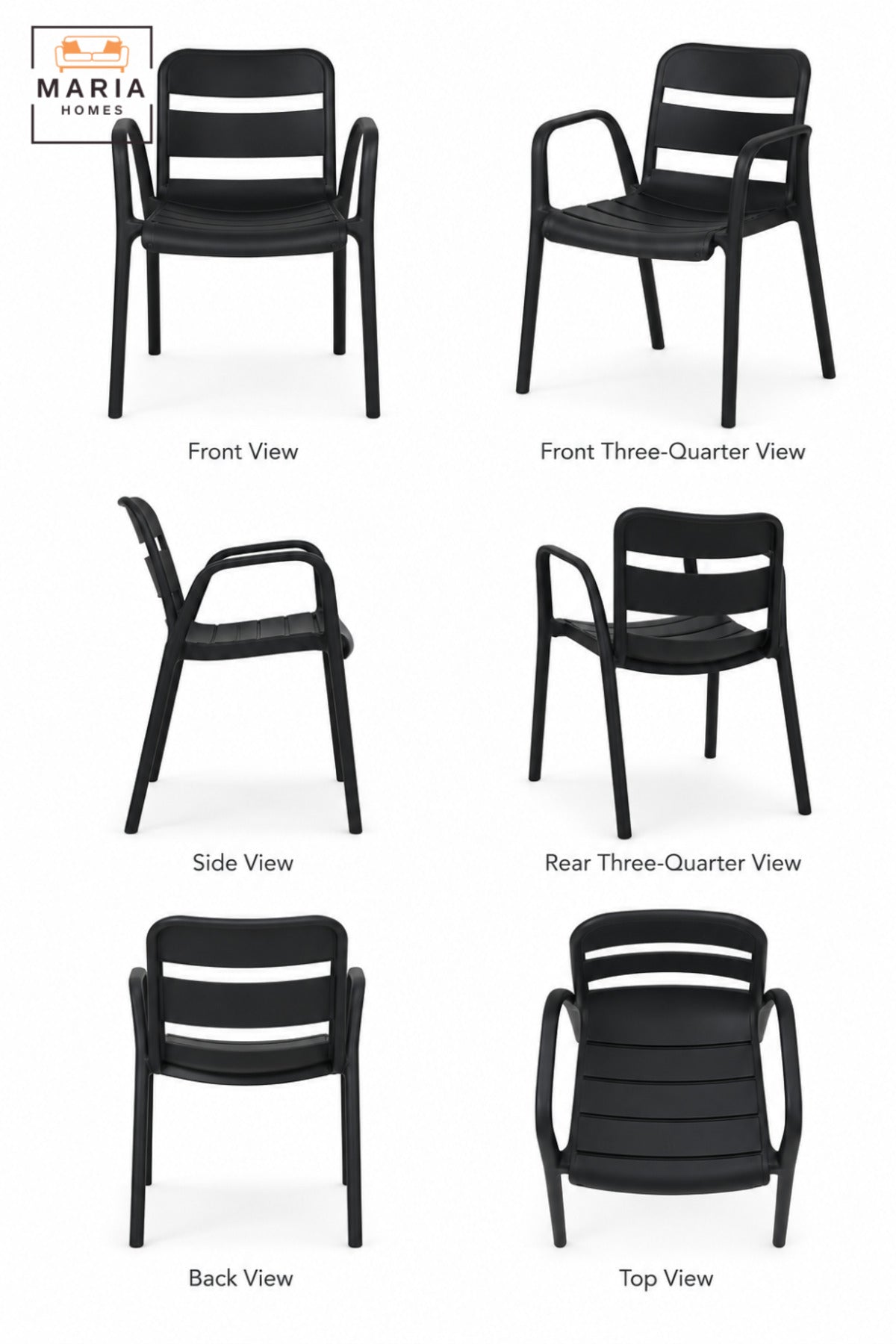 Modern Black Garden Chair with Armrests, Slatted Open Backrest and Comfortable Curved Seat for Patio, Balcony, Terrace, Café & Outdoor Seating