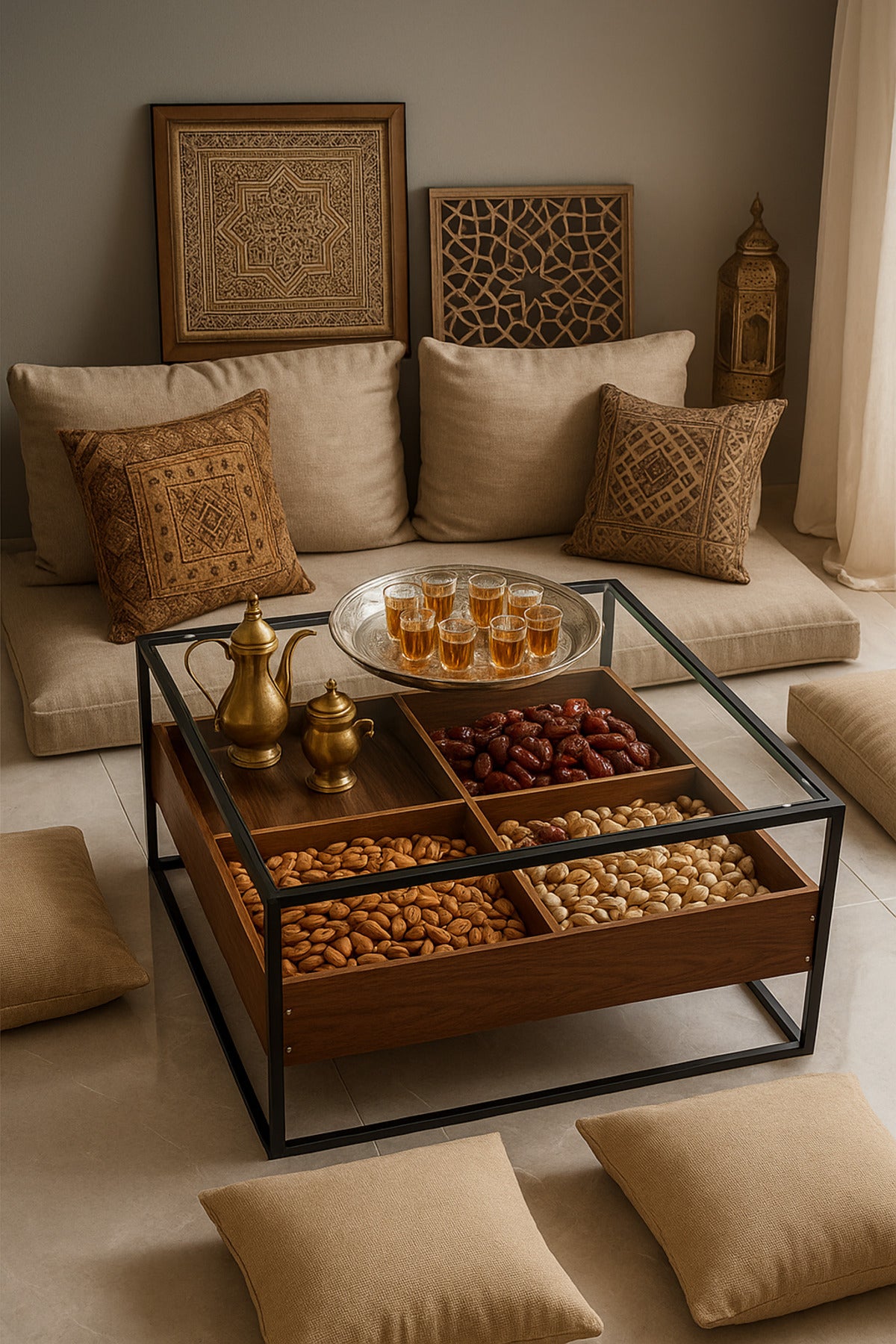 Modern Glass Coffee Table with Wooden Storage Compartments & Black Frame Ð 80x80x45cm