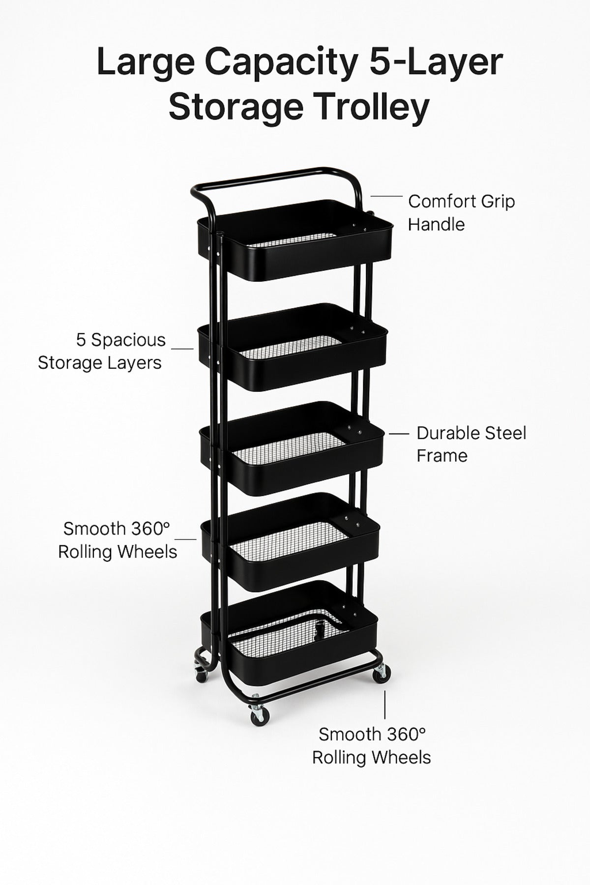 5-Layer Black Metal Storage Trolley with Wheels Ð Tall Multi-Purpose Rolling Organizer Cart