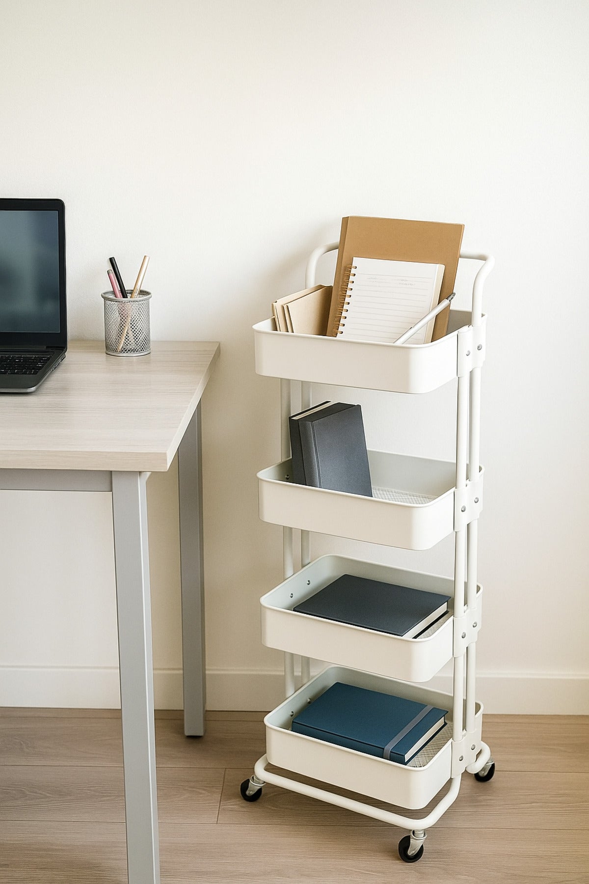 4-Layer White Metal Storage Trolley with Wheels Ð Multi-Purpose Rolling Organizer Cart