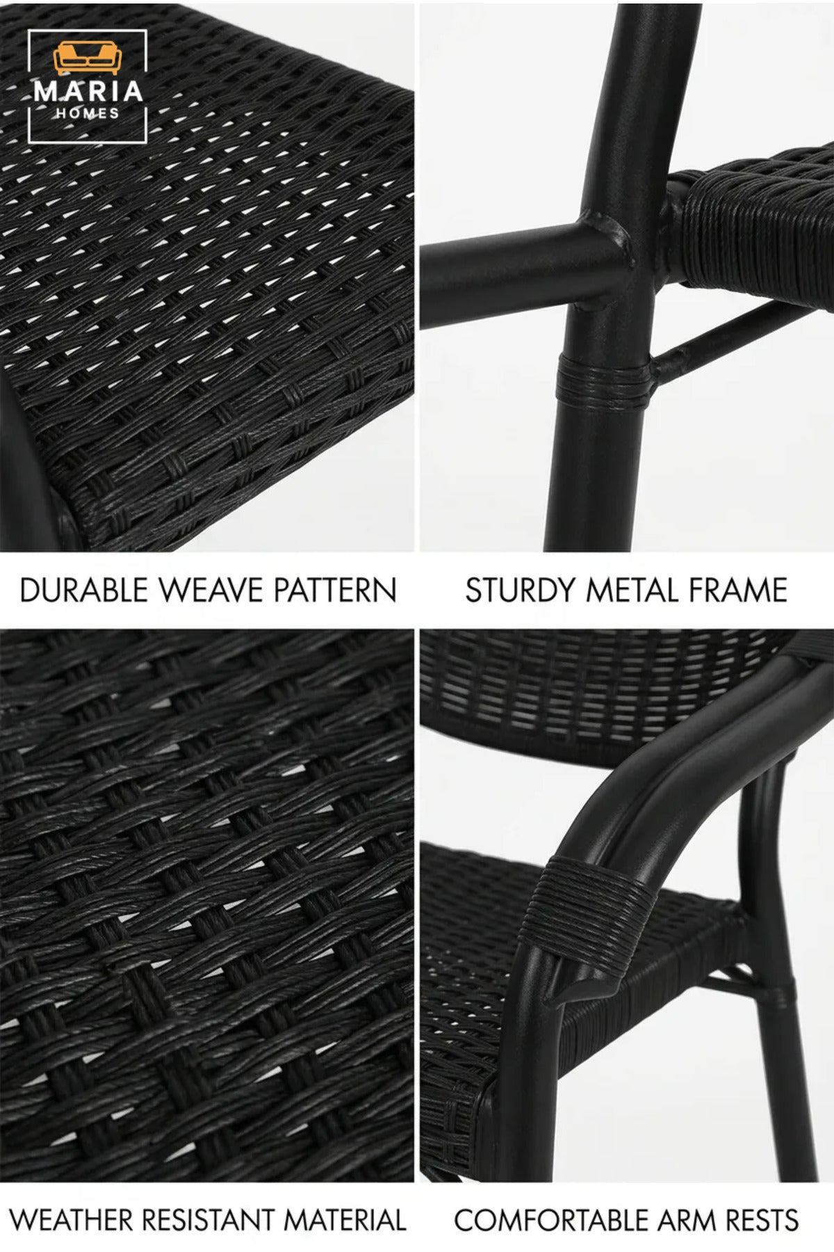 Modern Black Rattan Outdoor Armchair – Woven Patio Dining Chair with Armrests for Garden, Balcony & Café