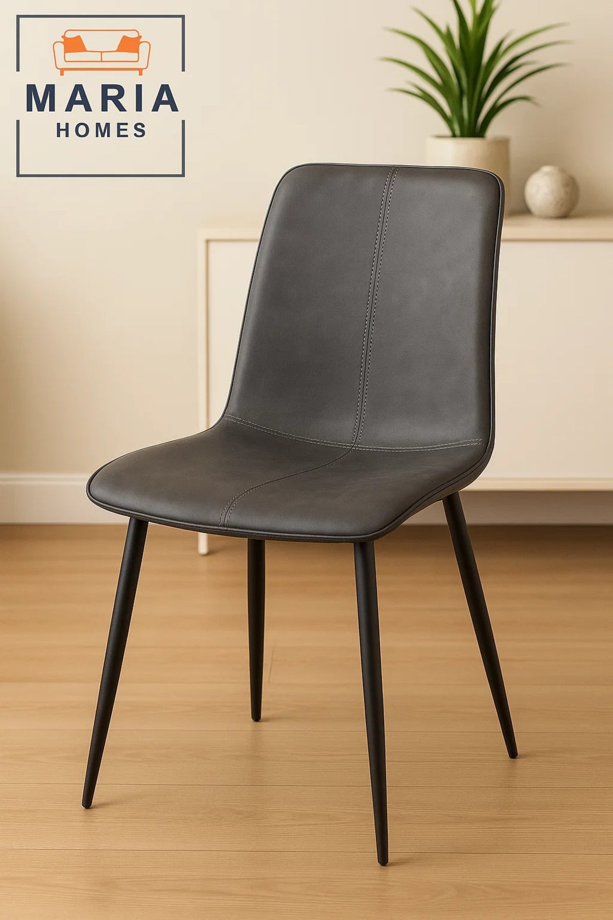 Dark Grey Faux Leather Dining Chair with Stitch Accent and Black Metal Legs Ð Contemporary Design