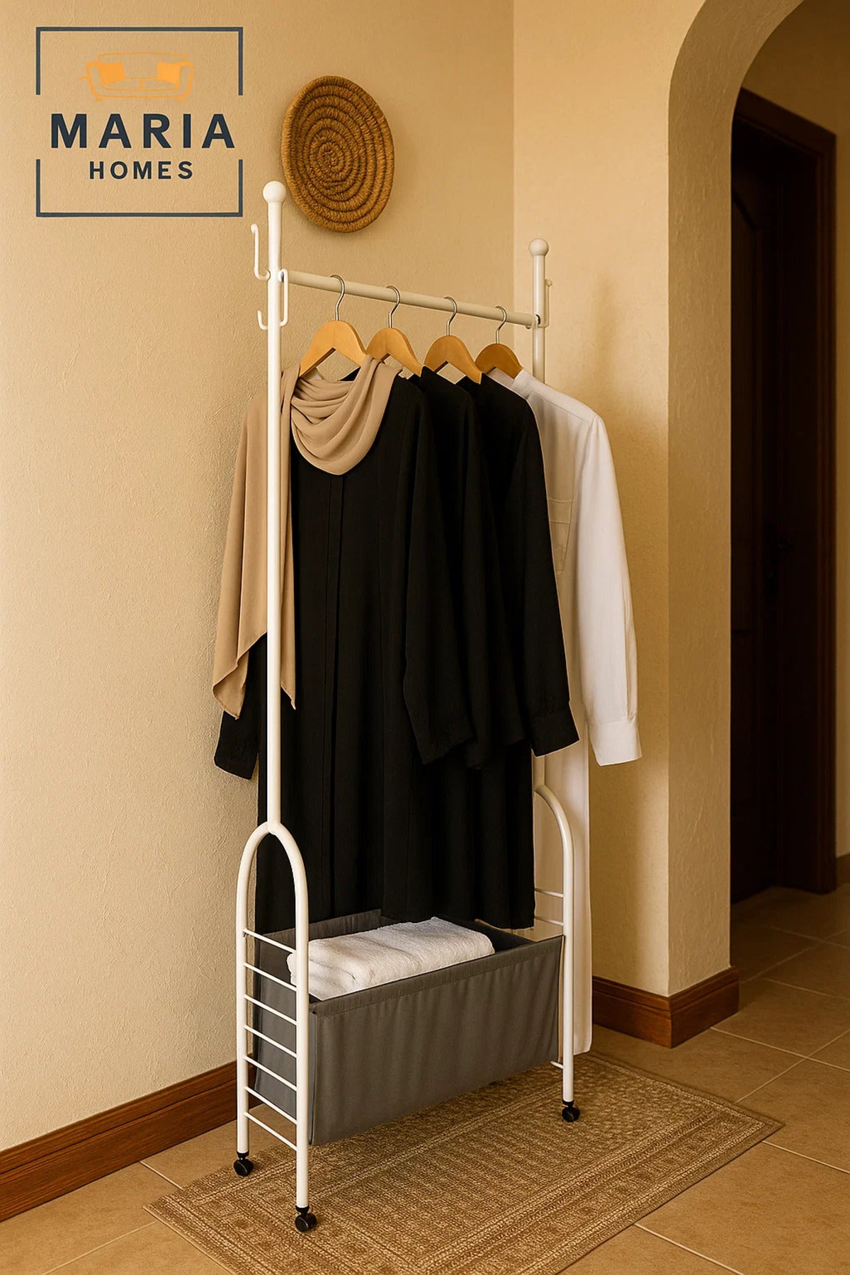 Modern White Metal Garment Rack with Fabric Storage Bin