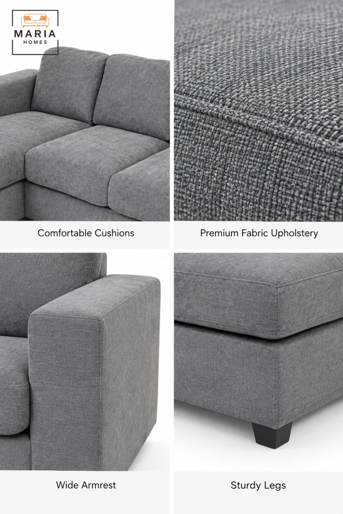 L-Shaped GREY Sectional Sofa with Left Chaise | 3-Seater Upholstered Couch with Deep Cushions, Wide Armrests & Comfortable Modern Living Room Design