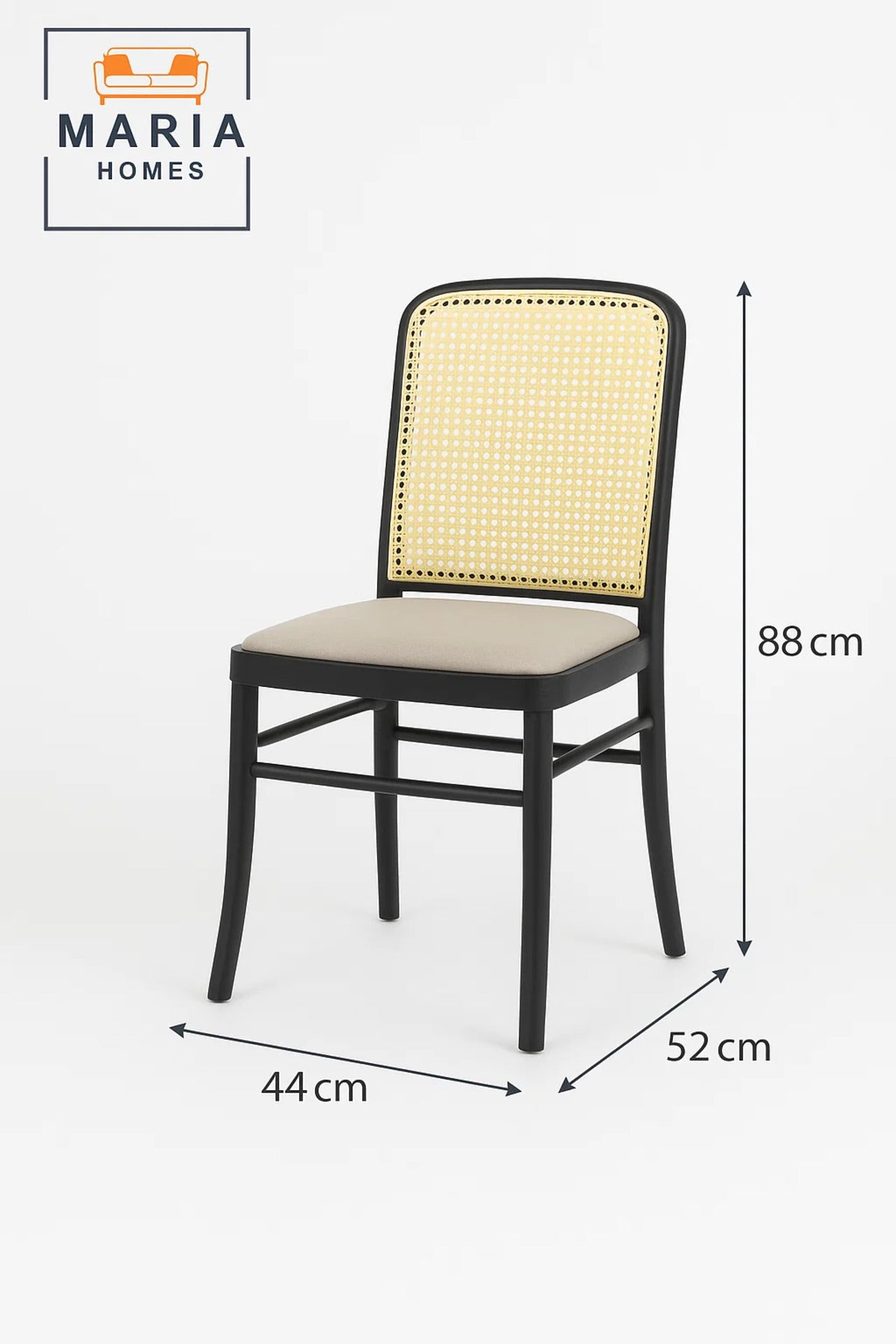 Black Wooden Dining Chair with Woven Cane Backrest and Soft Beige Upholstered Seat Ð Classic Design