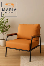 Modern Lounge Chair with Orange Faux Leather Ð Wooden Armrests & Metal Frame for Home or Office