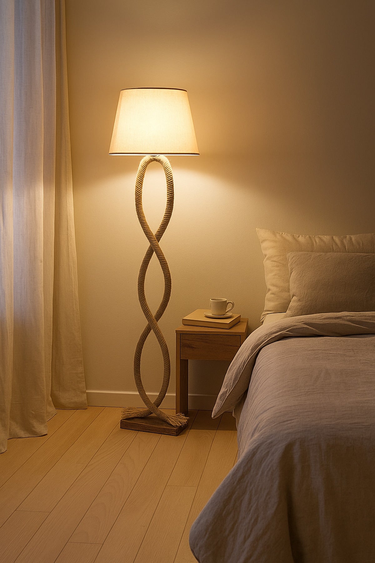 Rope Floor Lamp Natural Brown Fabric Shade with Artistic Rope Stand for Living Room & Bedroom