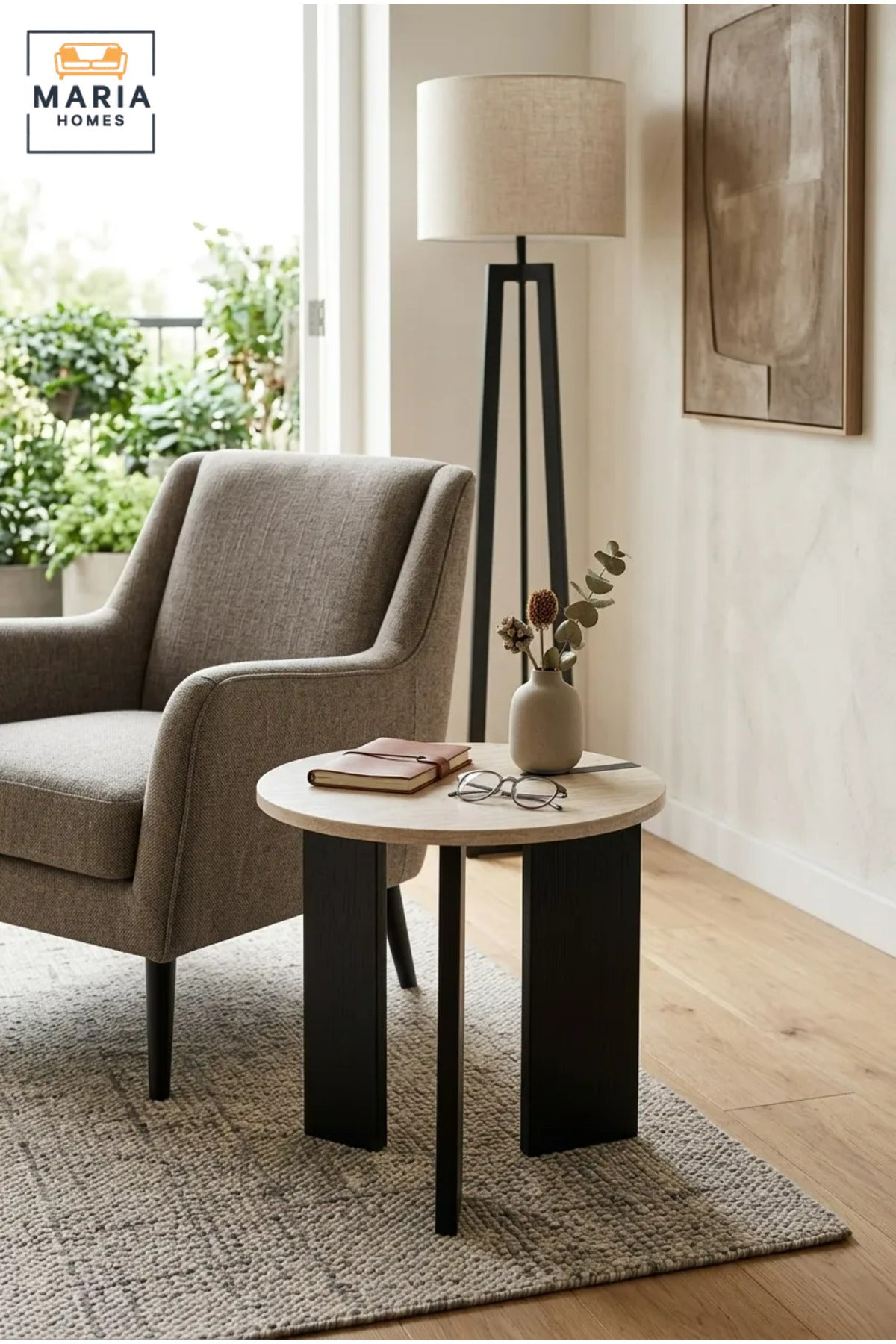 Modern Round Side Table with Wooden Top & Wooden Base, Contemporary End Table for Living Room, Bedroom, Office & Lounge