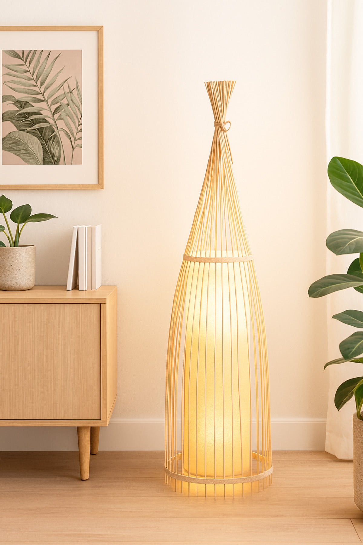 Natural Bamboo Floor Lamp Ð Handcrafted Rattan Design with Fabric Shade for Living Room & Bedroom