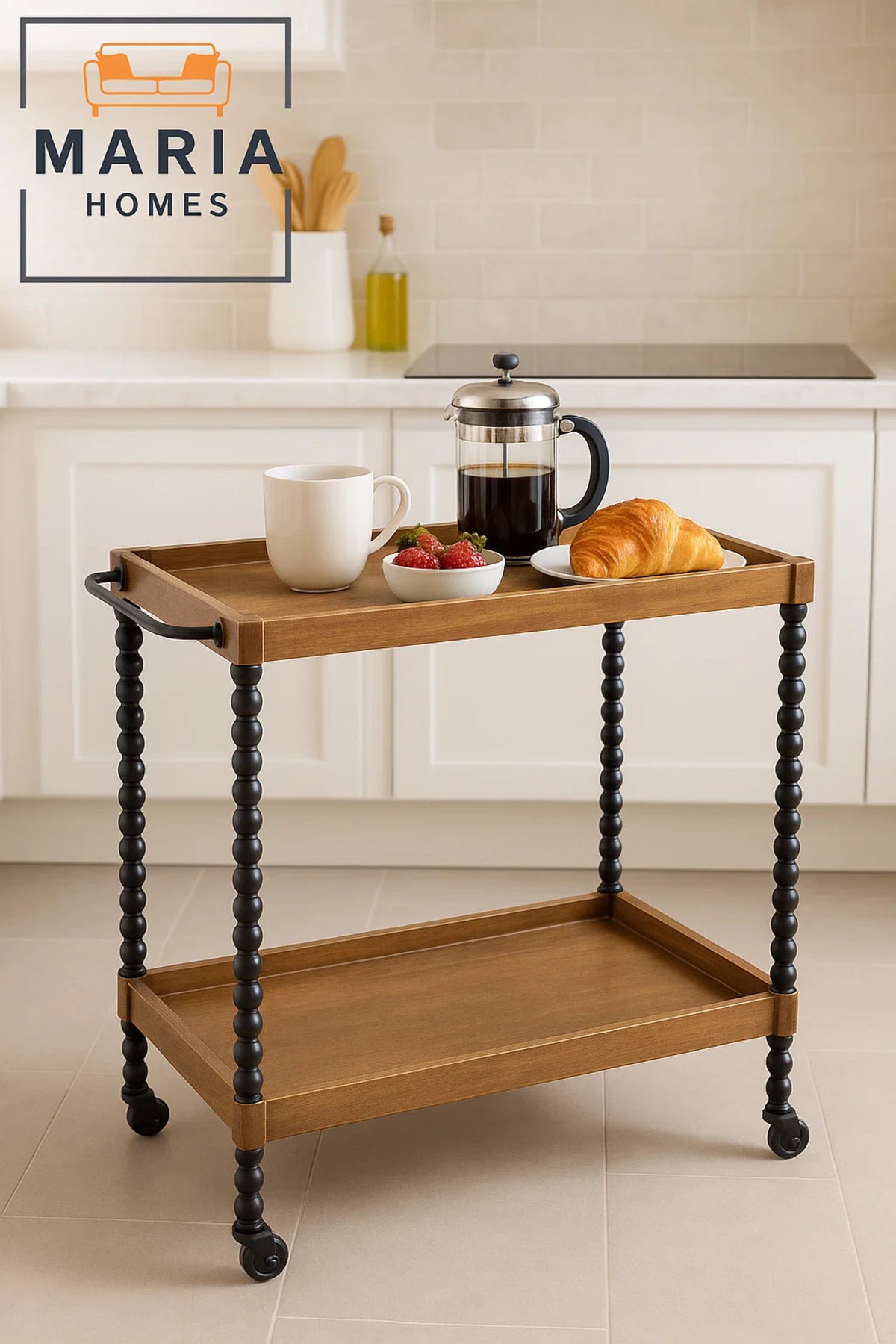 Vintage Wood and Iron Bar Cart Ð 2-Tier Serving Trolley with Black Spindle Legs and Tray Shelves