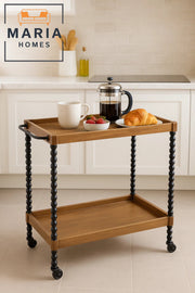 Vintage Wood and Iron Bar Cart Ð 2-Tier Serving Trolley with Black Spindle Legs and Tray Shelves