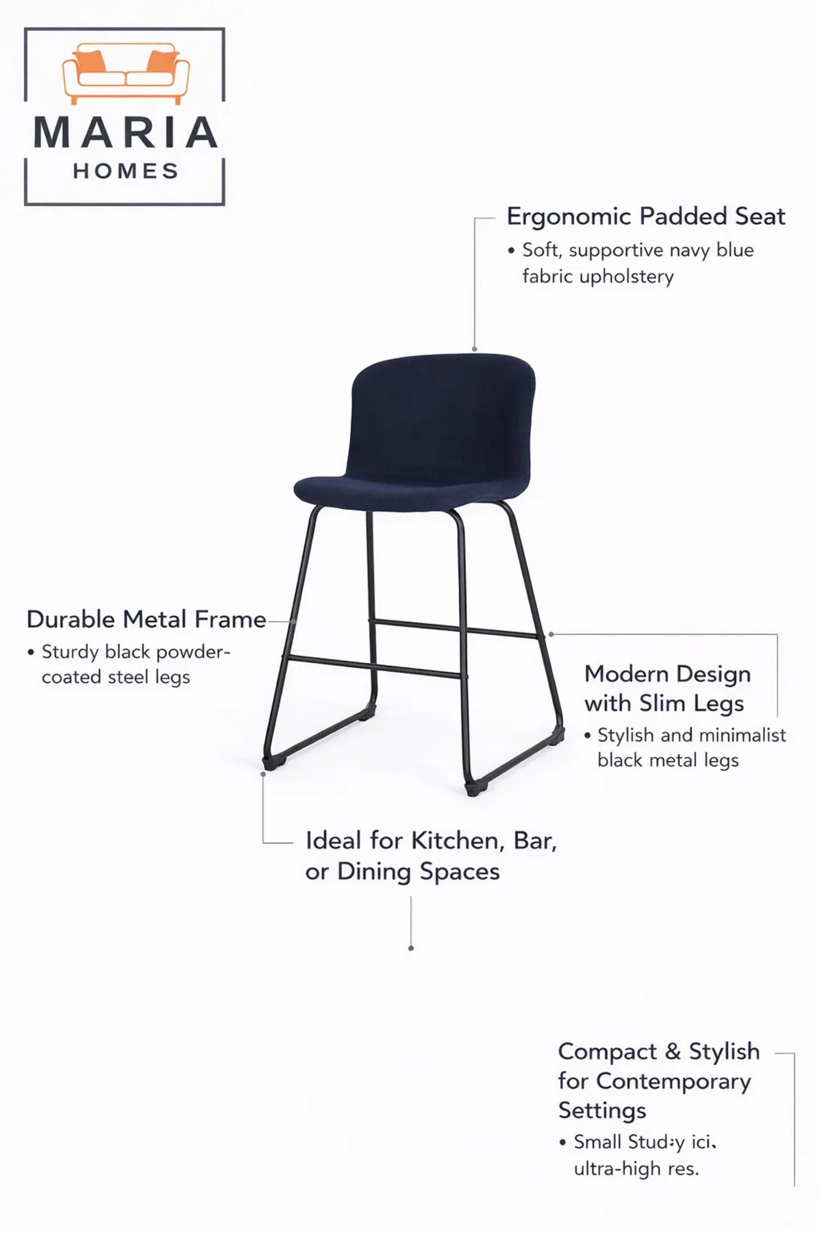 Blue Upholstered Bar Stool with Black Metal Frame Ð Modern Counter Chair
