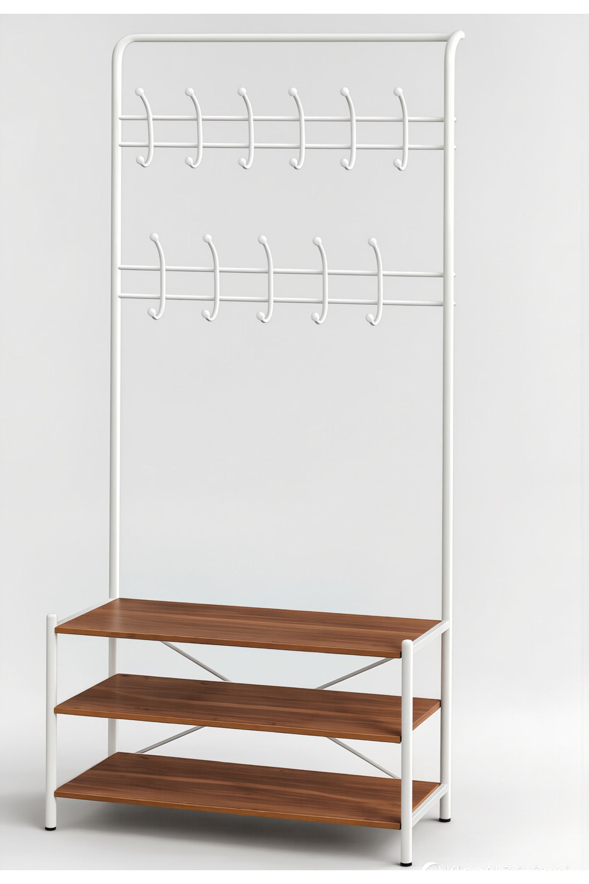 White Coat Rack with 12 Hooks & 3-Tier Shoe Shelf √ê 190x79x30 cm