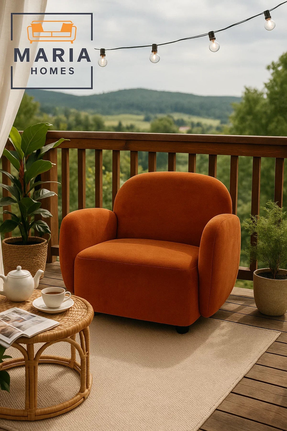 Plush Burnt Orange Lounge Chair with Curved Back and Padded Arms
