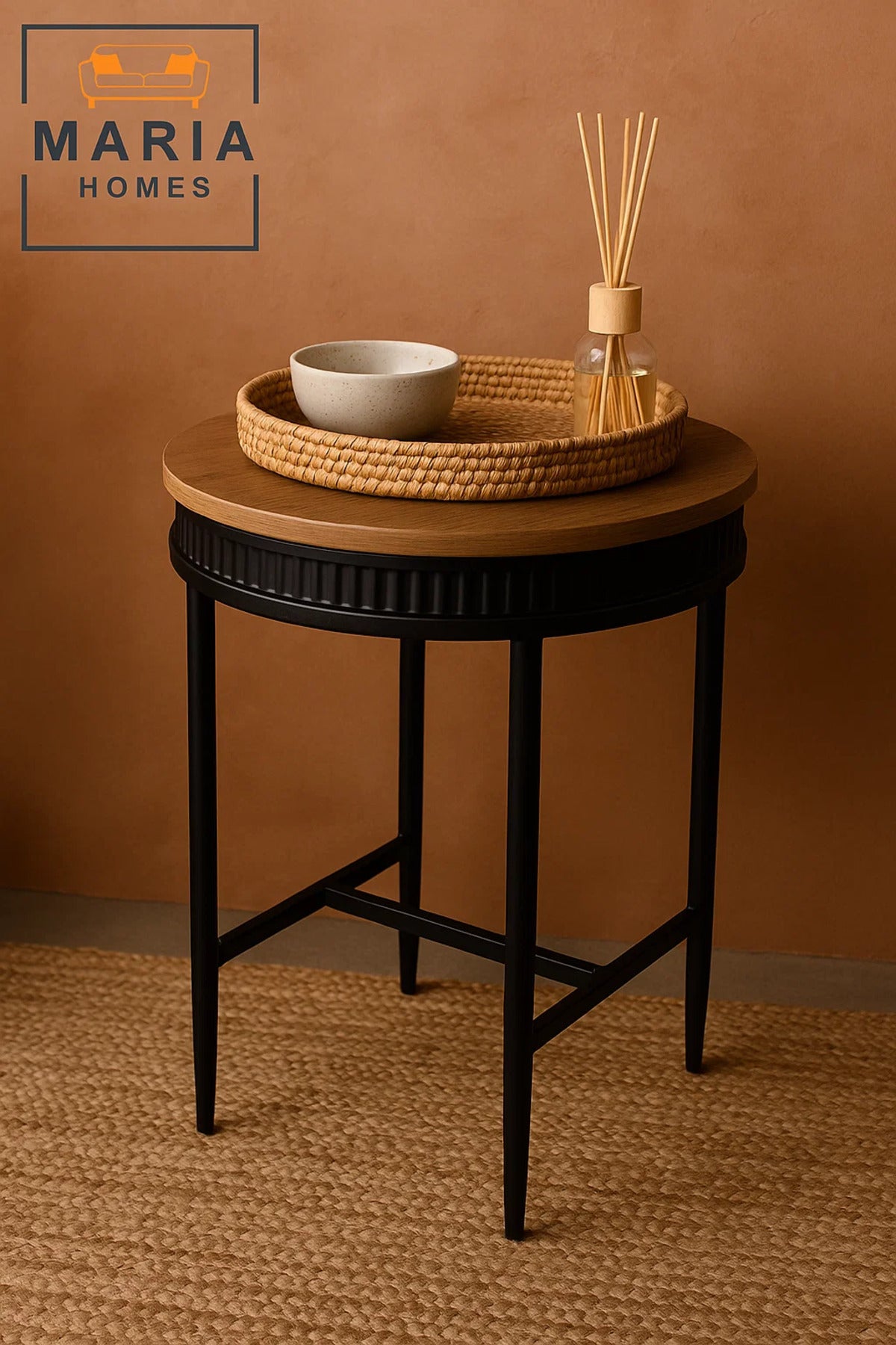 Round Wooden Side Table with Ribbed Black Edge and Cross-Leg Support
