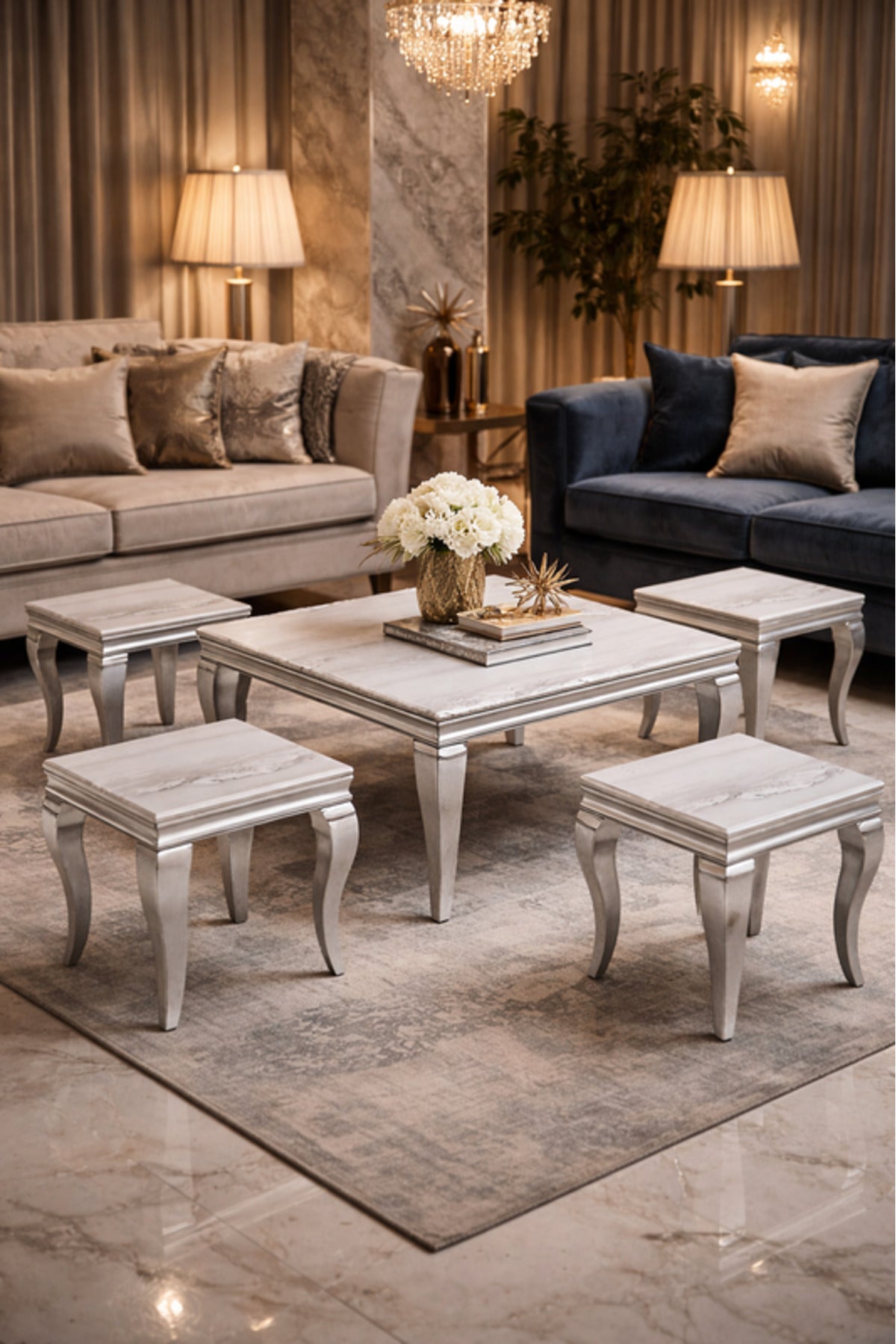 Silver Marble Style Coffee Table Set with 4 Side Tables silver marble style Center