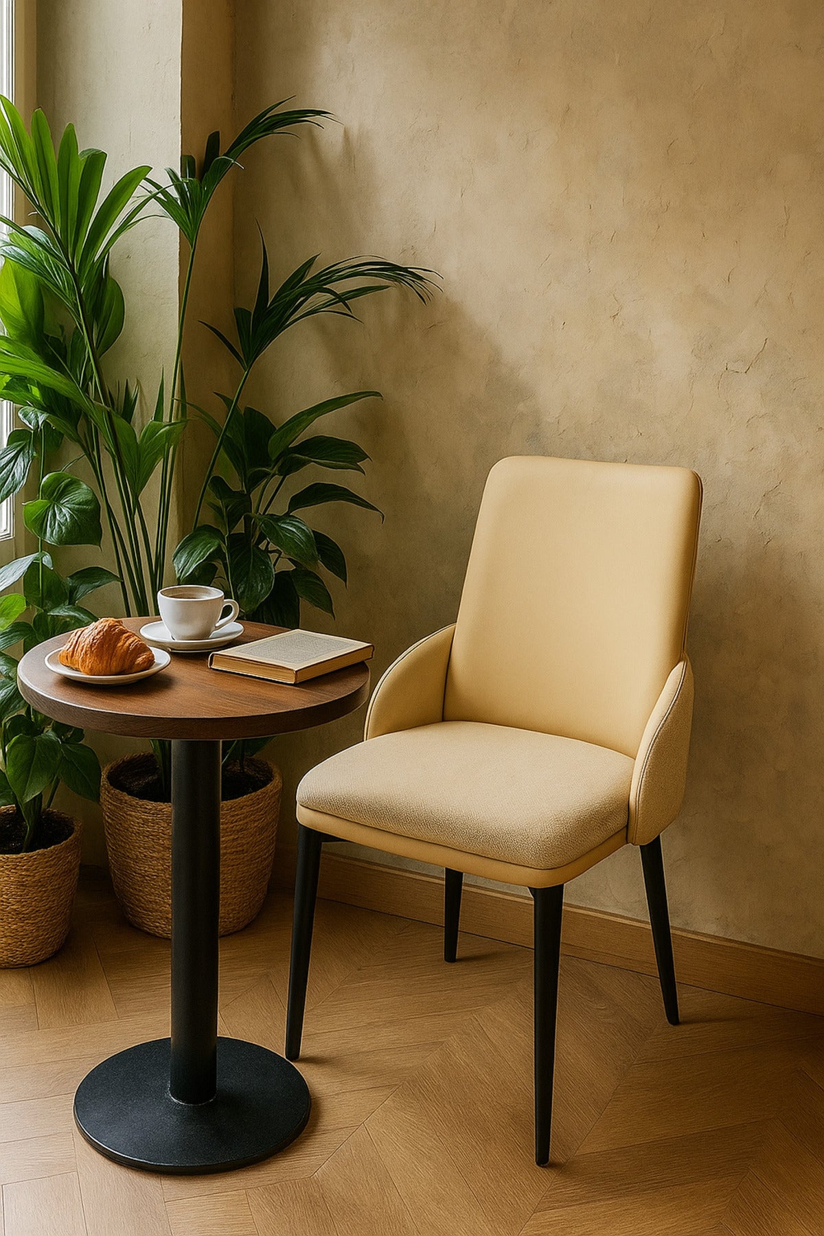 Beige Dining Chair Ð Modern Upholstered Chair with PU Leather Back and Fabric Seat for Dining Room