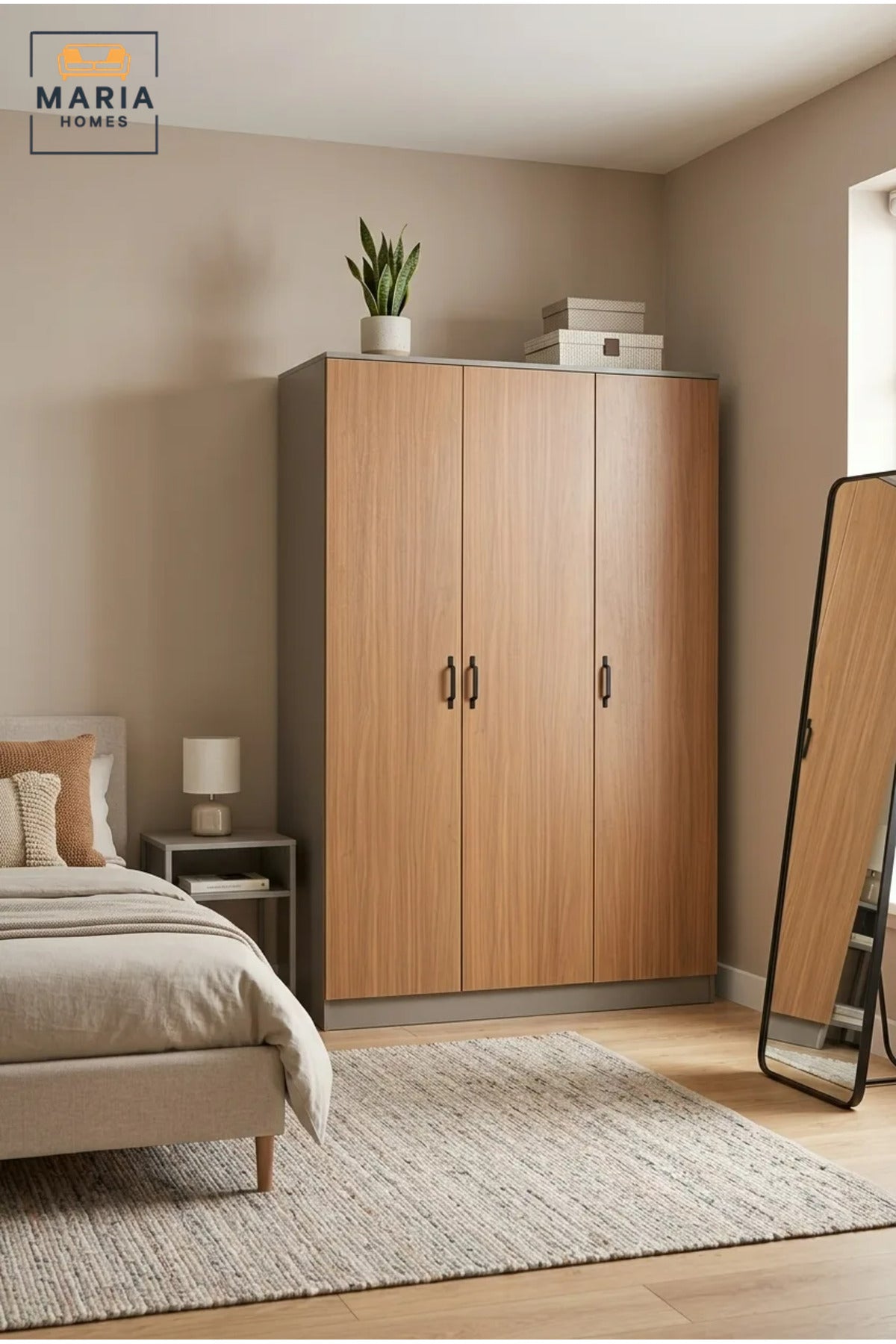 Modern 3-Door Wooden Wardrobe with Hanging Rail and Storage Shelves, Freestanding Bedroom Closet for Clothes, Accessories and Linen Organization