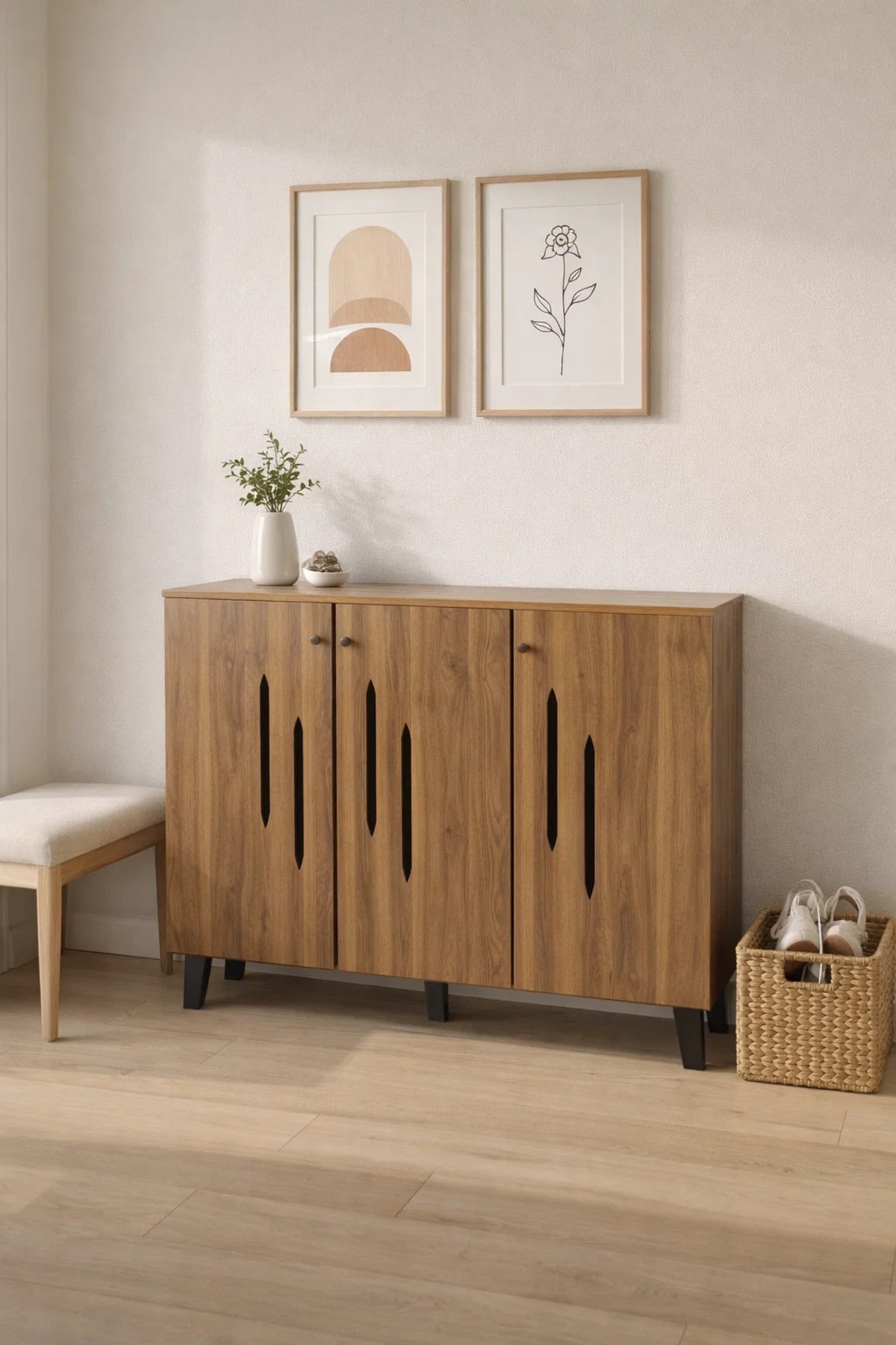 Modern Wooden Shoe Cabinet Dark Brown with Vertical Cut Out Design 120 x 32 x 94 cm