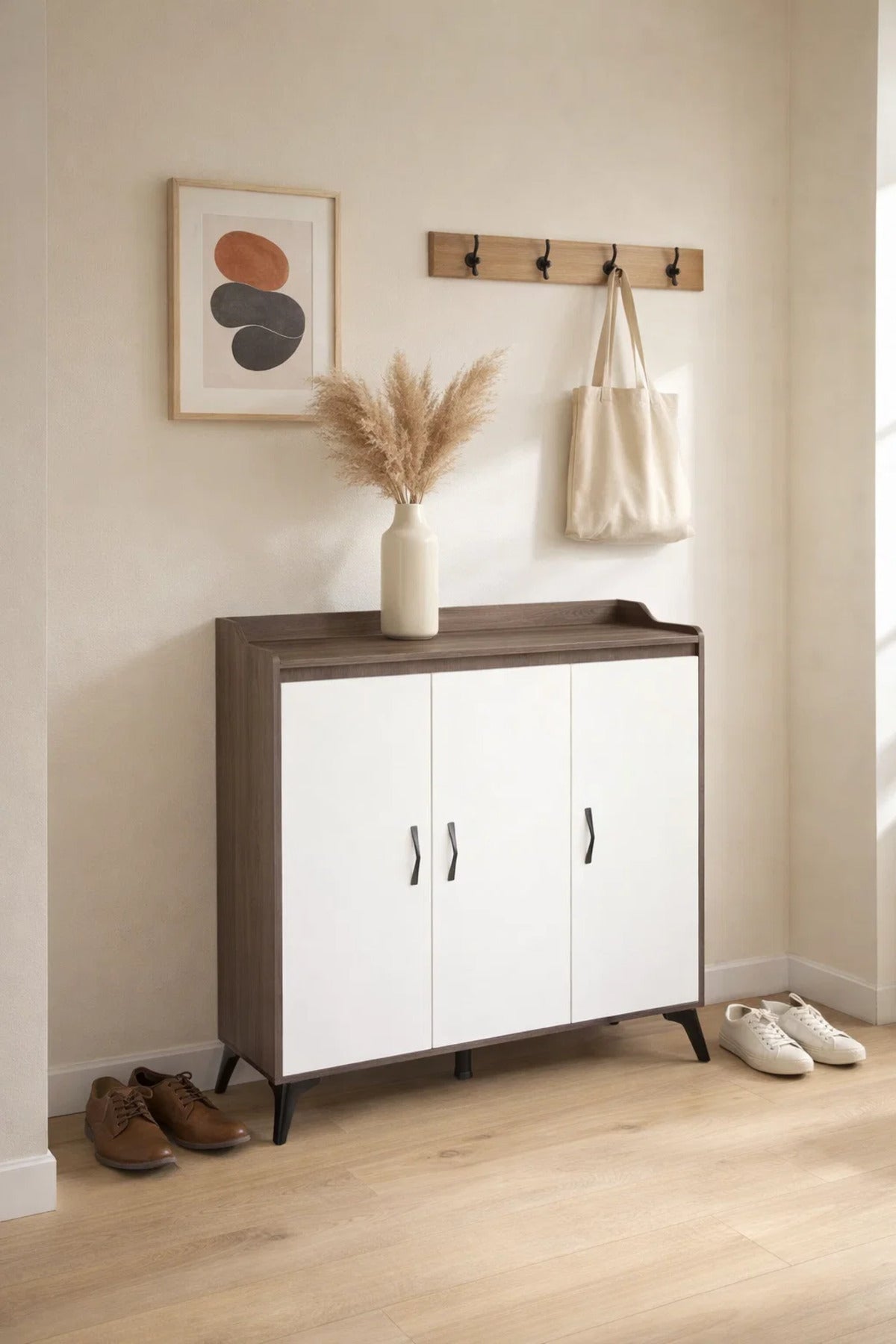 Modern Brown and White Shoe Cabinet Three Door Storage Organizer for Entryway Hallway 100x35x95cm