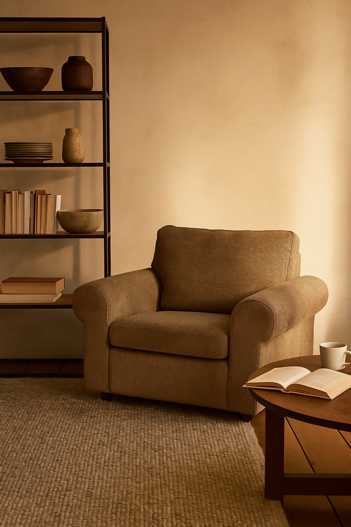 Coffee Brown Fabric Lounge Chair Comfortable Single Seater Armchair for Living Room, Bedroom