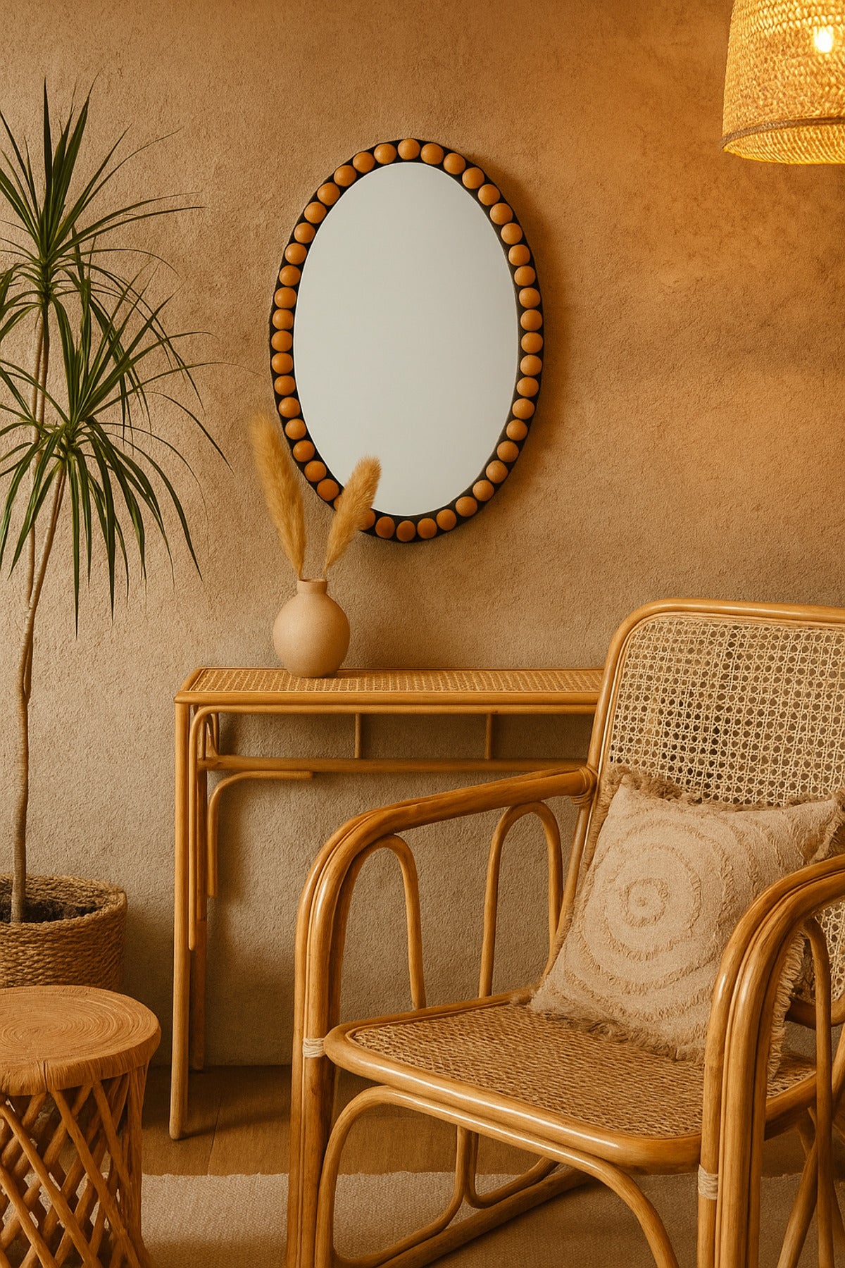 Oval Decorative Wall Mirror with Wooden Bead Frame Natural & Black 60_90 cm