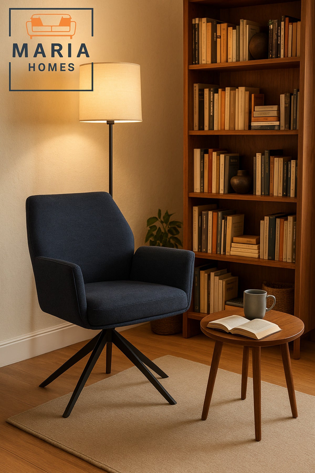 Dark Blue Swivel Armchair Ð Modern Fabric Upholstery with Sturdy Metal Base
