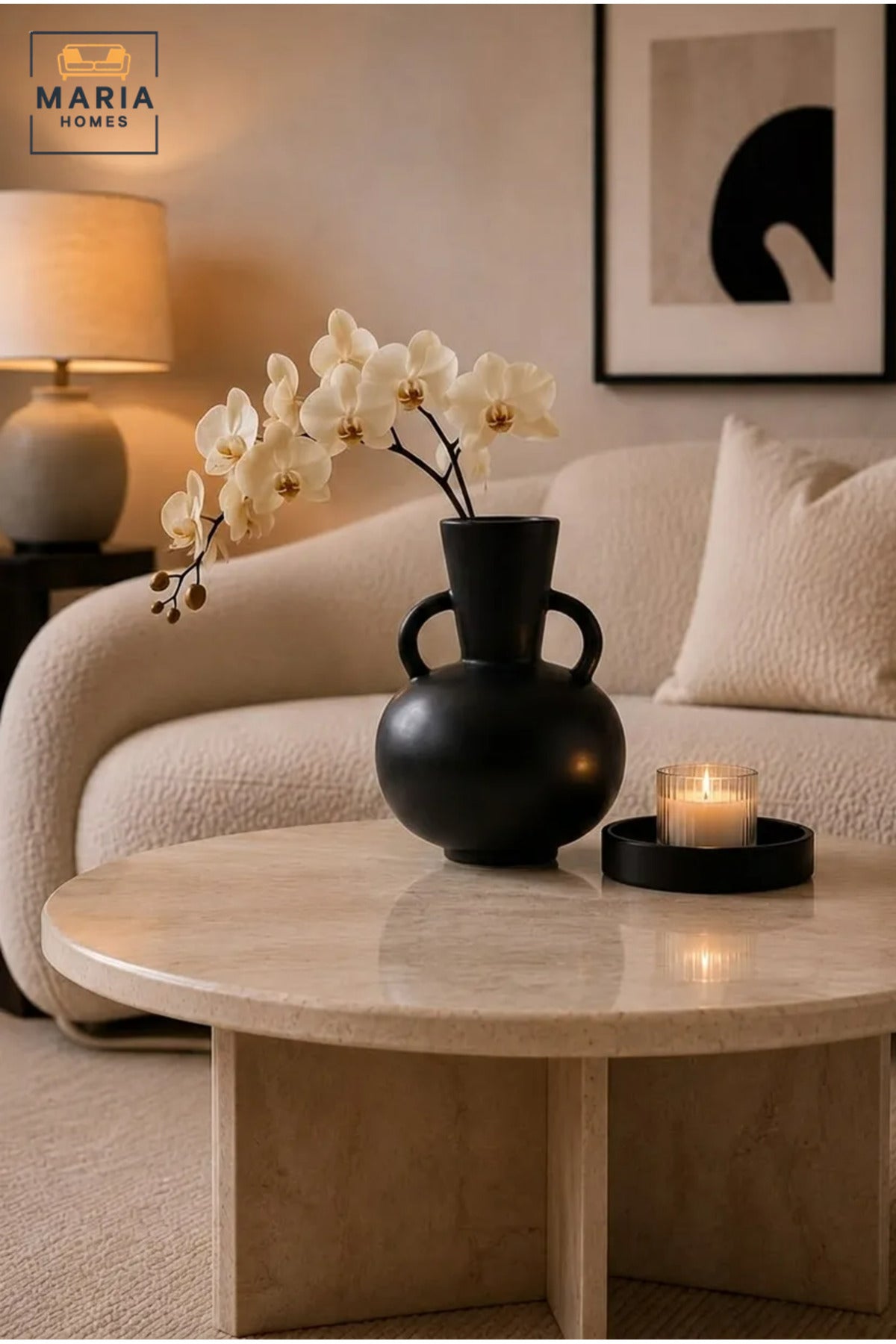 Modern Black Ceramic Decorative Vase with Dual Handle Design, Small Flower Vase for Living Room, Dining Table, Shelf & Home Décor